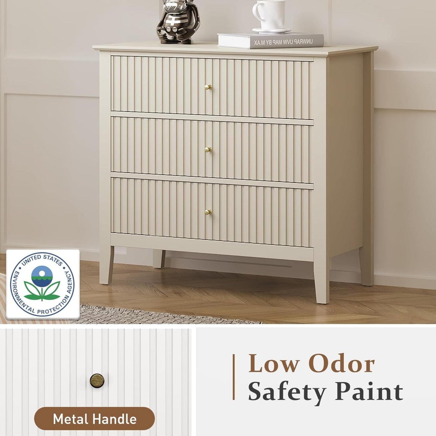 Superjoe Beige 3 Drawer Dresser, Painted 30 Inch Tall Wood Nightstand with Storage, Wide Modern Chest of Drawers with Ball Bearing Slide for Bedroom Hallway Living Room Entryway Office