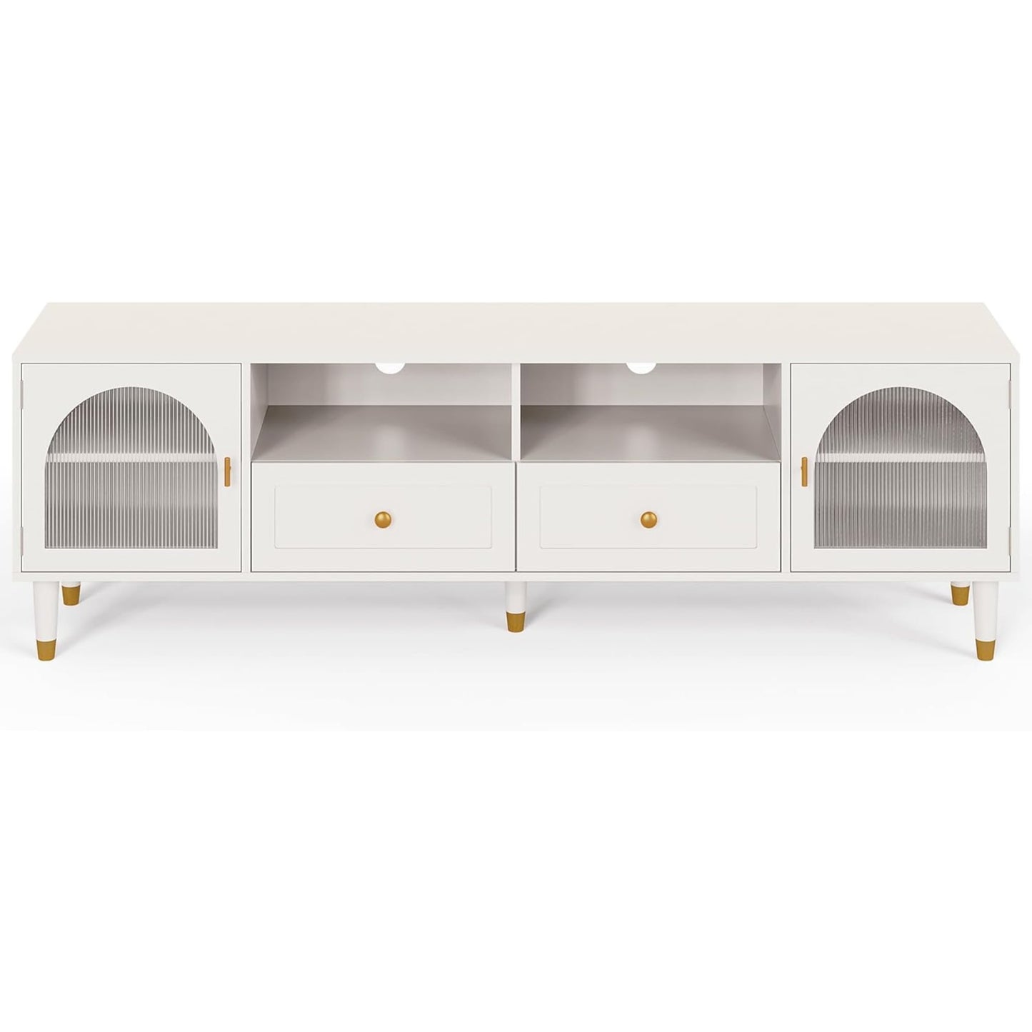 Superjoe Mid Century Modern TV Stand for 70 Inch TV, Entertainment Center with Acrylic Doors & Drawers, Wood TV Cabinet with Storage, TV Consoles for Living Room, Bedroom, White