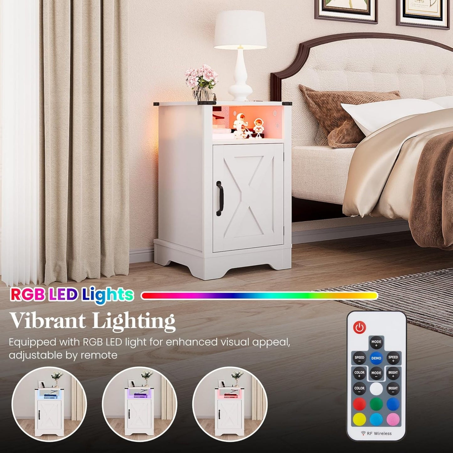 Superjoe LED Nightstand Set of 1 with Charging Station, Bedside Table with Storage Cabinet and Shelf, Rustic End Table, Farmhouse Wooden Side Table, for Bedroom, Living Room, White