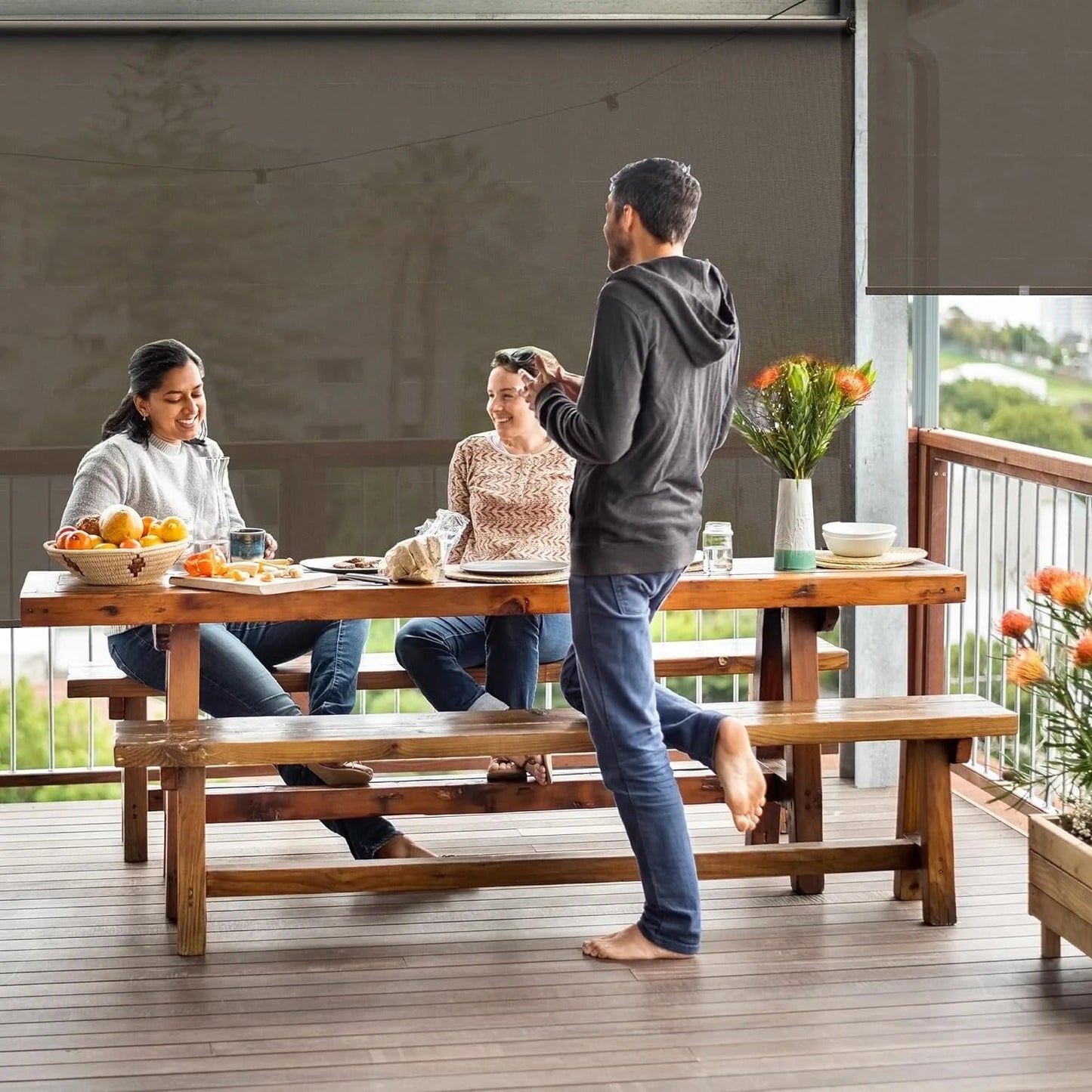 sunvivicollection Cordless Outdoor Roller Sun Shade with Pole£¬6'Wx6'H 420GSM 95% Blockout Waterproof Outdoor Blinds Roll Up for Gazebo Porch, Deck, Pergola,Brown