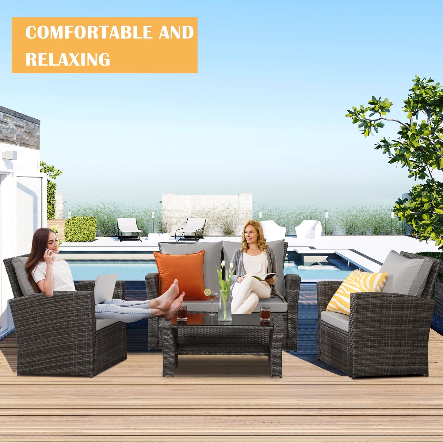 RoyalCtaft 4 Piece Outdoor Patio Furniture Sets, Wicker Conversation Set for Porch Deck, Brown Rattan Sofa Chair with Cushion