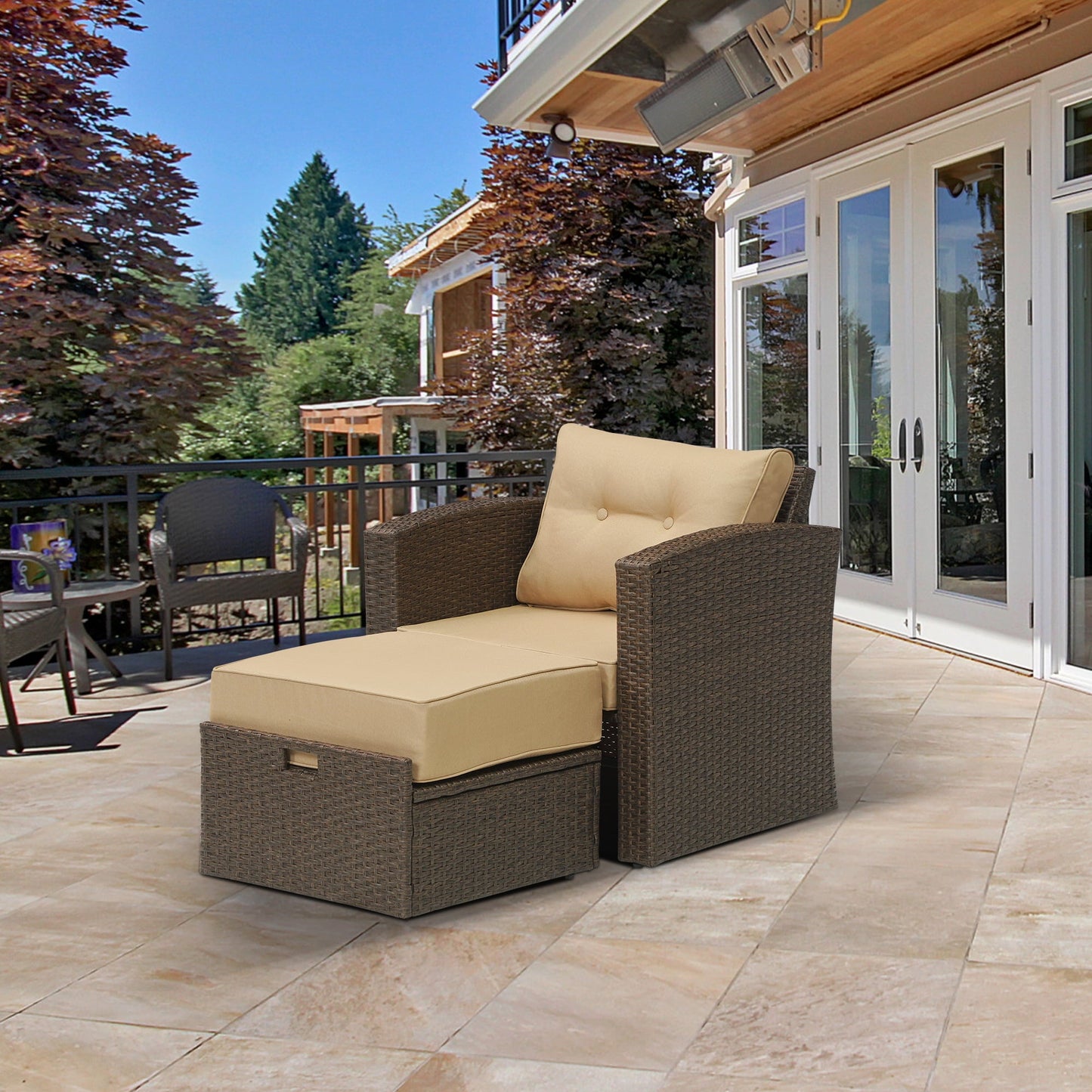 SUNVIVI OOTDOOR 4 Pieces Wicker Furniture Single Chair with Ottoman,All-Weather Brown Rattan Outdoor ArmChair Sofa Set with Beige Non-slip Cushions,Aluminum Frame