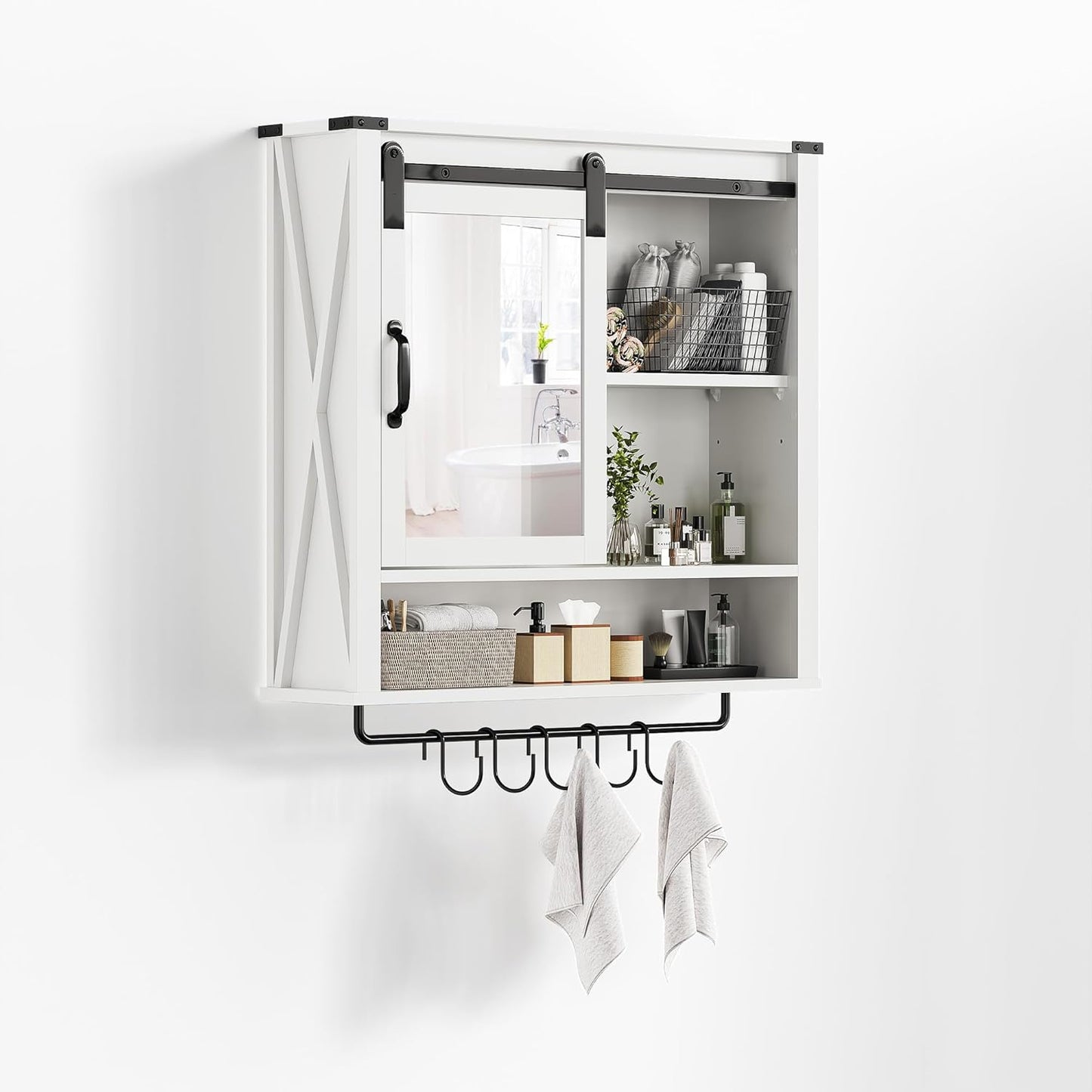 Superjoe 28in Bathroom Cabinet Wall Mount with Sliding Mirror Door, Over The Toilet Storage Cabinet, Farmhouse Medicine Cabinet with Shelves and Towel Bar for Living Room, 28" W x 29" H, White