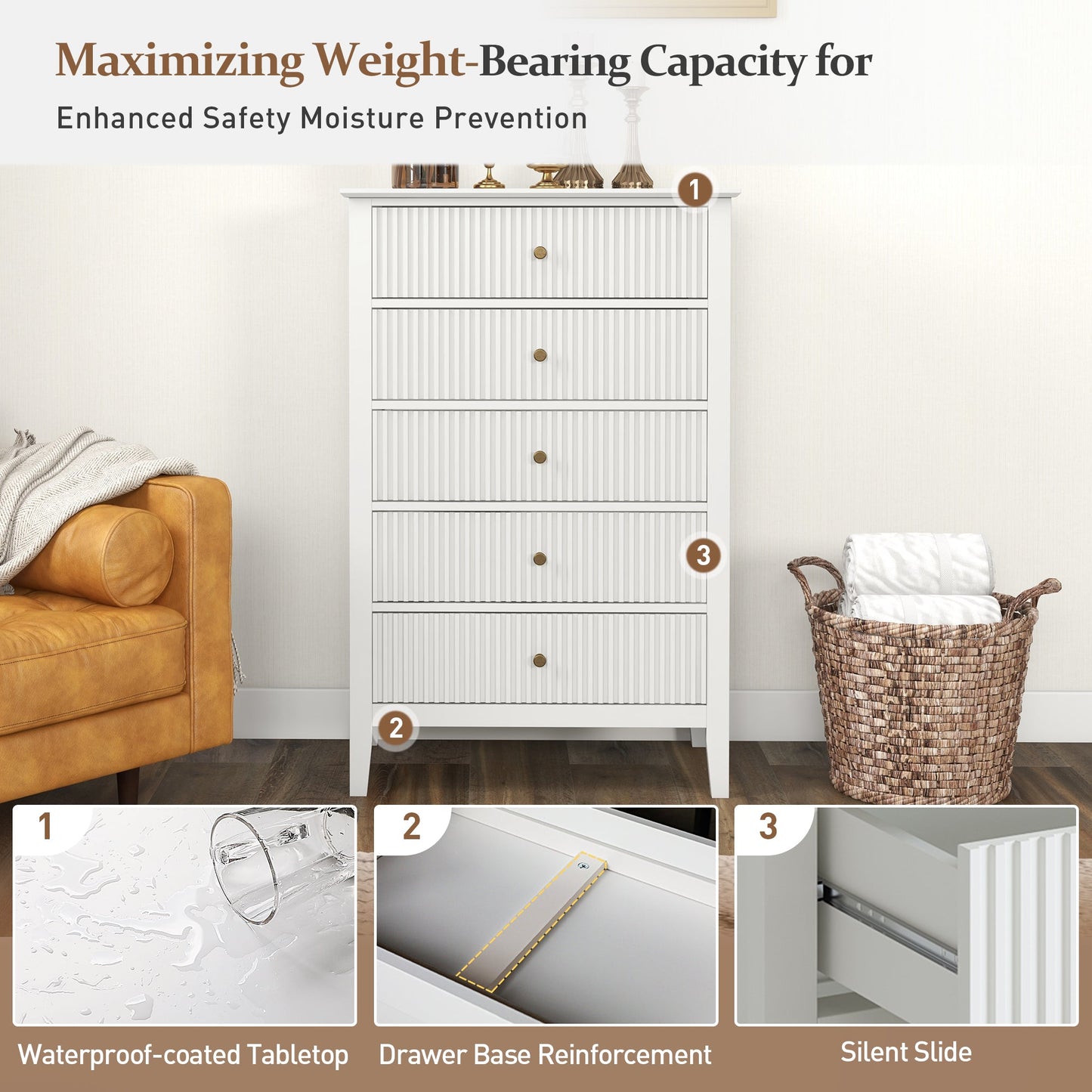 Royalcraft Dresser for Bedroom, Modern 5 Drawers Dresser with Silent Slide Drawers, Tall Chest of Drawers, Wood Storage Cabinet Organizer for Living Room, Nursery, Hallway, Entryway