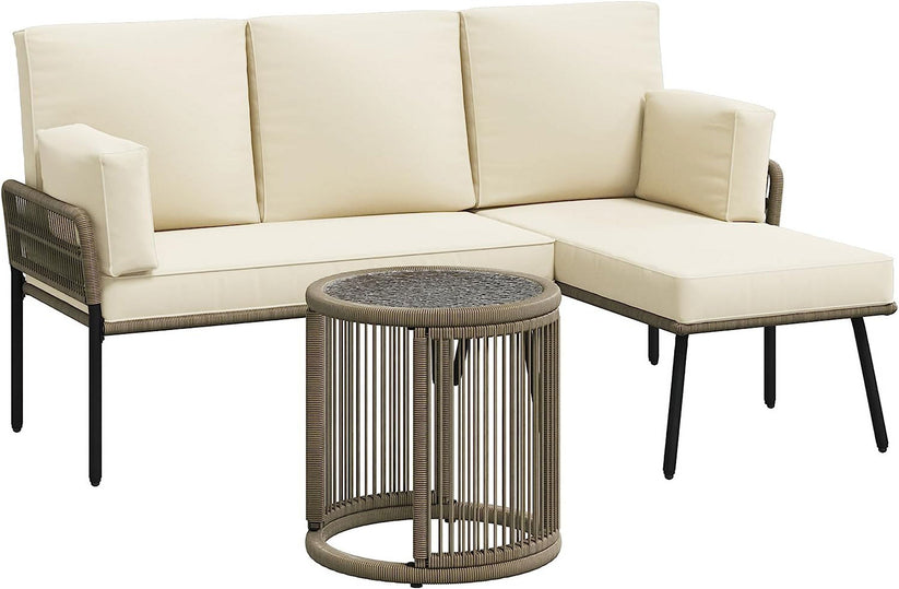 Royalcraft Patio Furniture Set, Outdoor Sectional Furniture Sets with Woven Rope Accents and 4-inch Cushions, L-Shaped Patio Conversation Sets with Detachable Lounger and Side Table