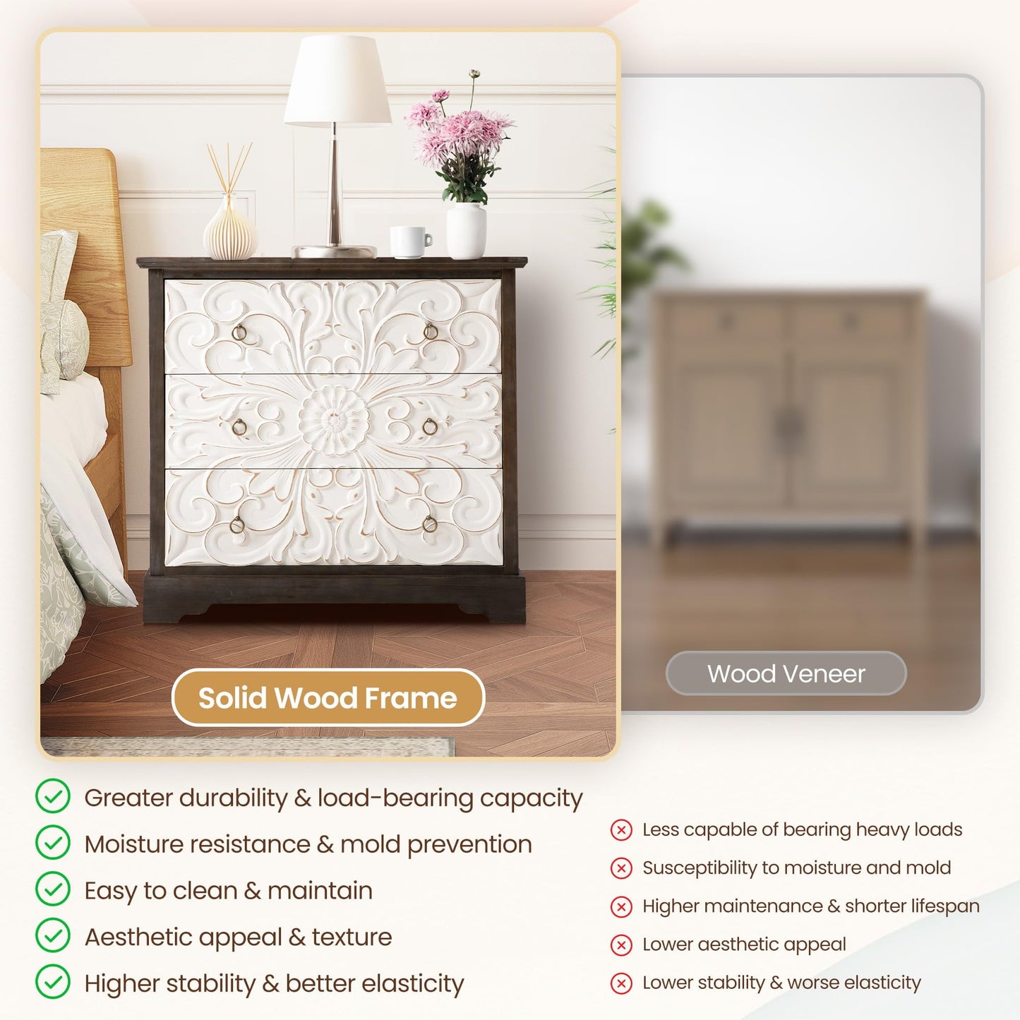 Superjoe 3 Drawer Dresser, 3 Chest of Drawers, Accent Storage Cabinet with Drawers, Wooden Closet Organizer, Bedside Table with Gourd Legs, Farmhouse Nightstand for Bedroom Hallway Living Room, Grey