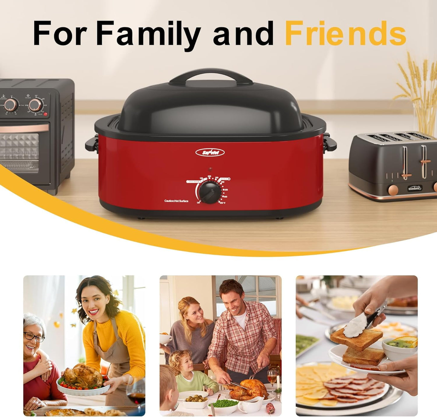 CozyHome 20-Quart Electric Roaster Oven, Turkey Roaster Oven with Removable Pan and Rack, Perfect for Large Meals and Holiday Feasts, Red
