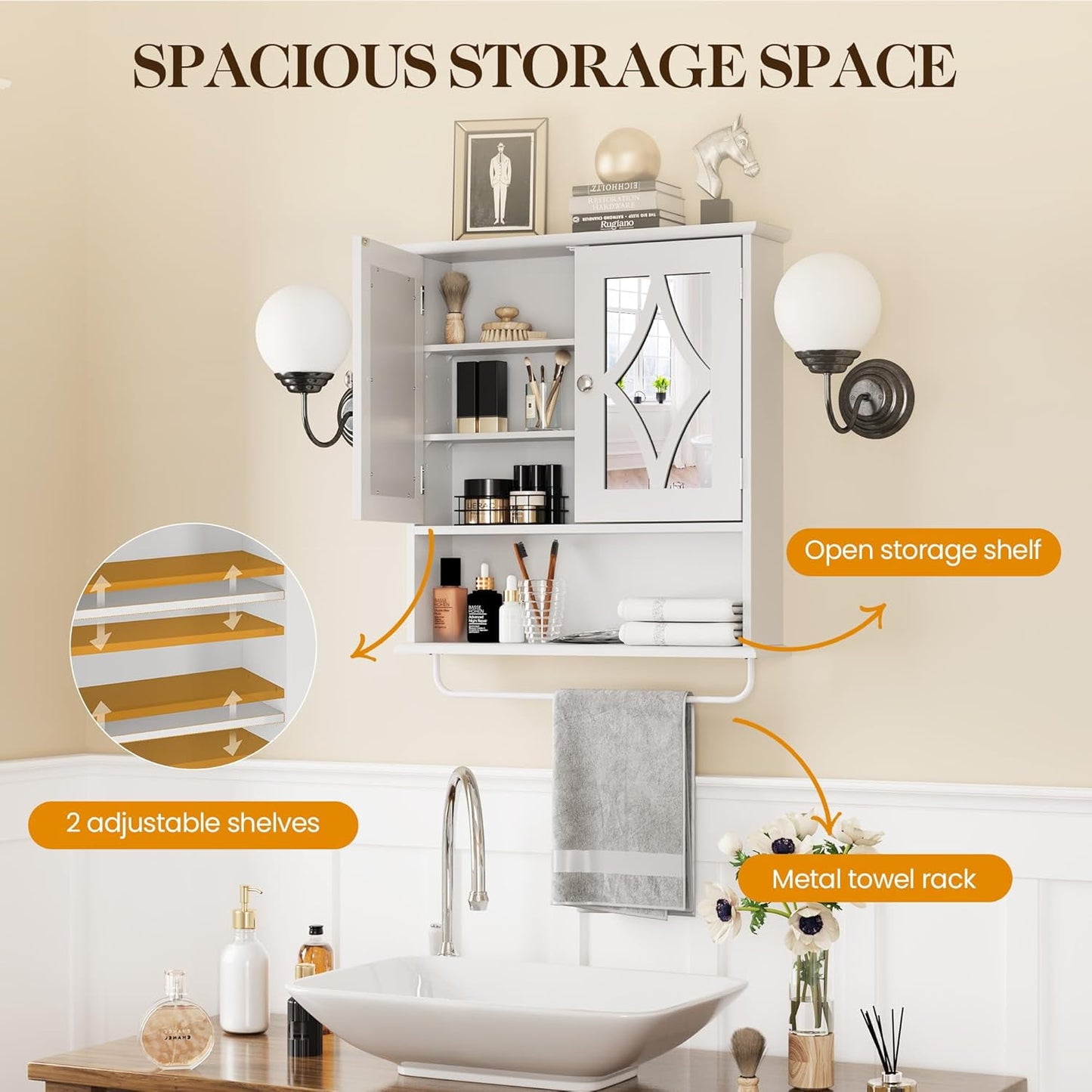 Superjoe Bathroom Medicine Cabinet with Mirror, Vanity Wall Mounted Storage Cabinet with Adjustable Shelves and Towel Bar, Hanging Wall Cabinet for Bathroom, Laundry, Living Room, White