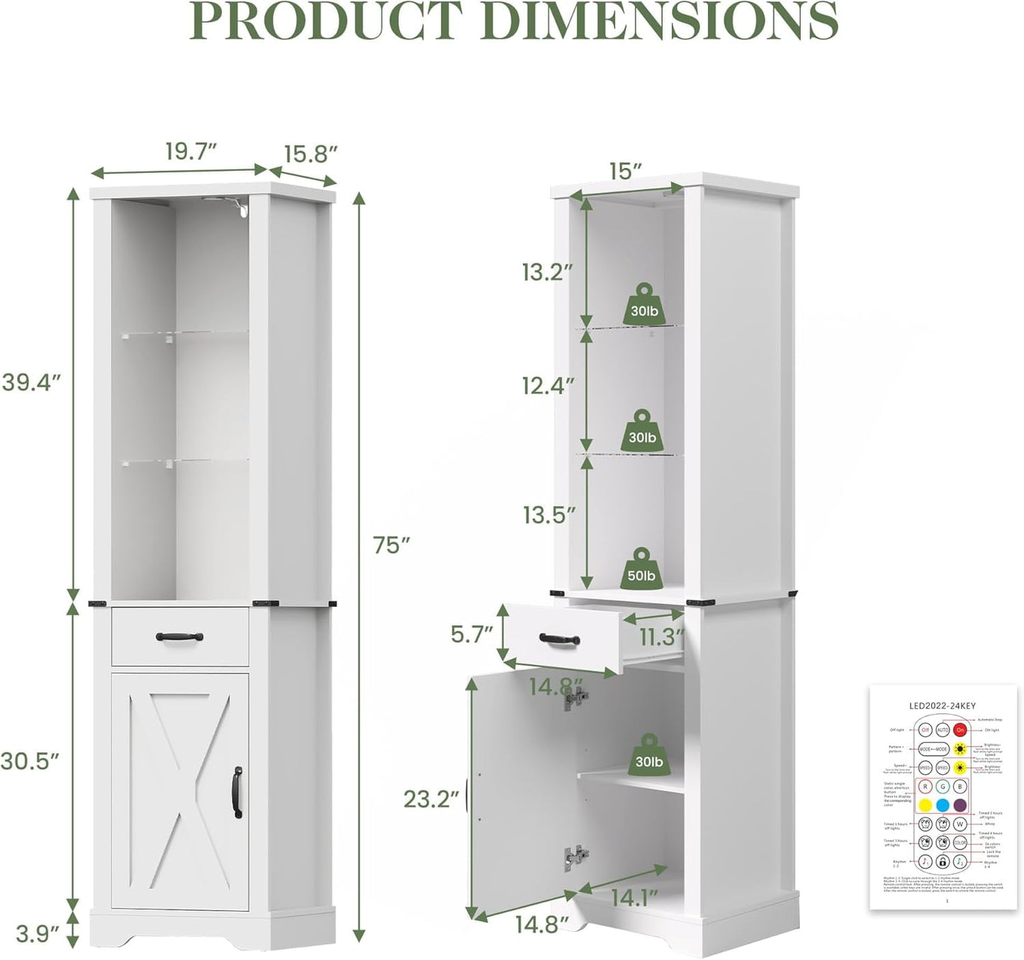 Superjoe 75'' Tall Storage Cabinet with LED Light, Farmhouse Pantry Cabinet with Tempered Glass Adjustable Shelves & Barn Door, Freestanding Linen Tower for Bathroom, Living Room, Kitchen, White