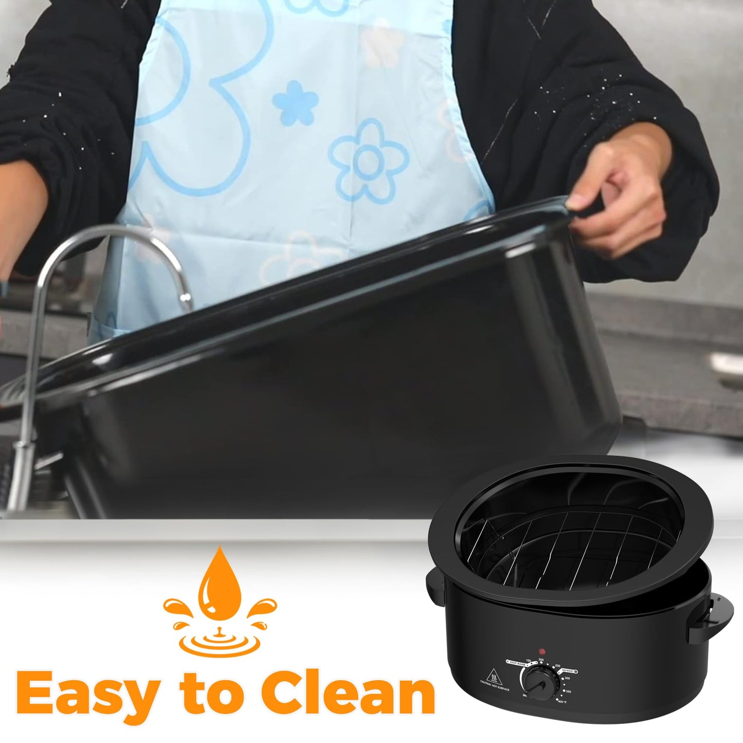 Superjoe 8 QT Electric Roaster Oven with Self-Basting Lid, Turkey Roaster Oven with Defrost Warm Function, Removable Pan and Rack, Stainless Steel Black