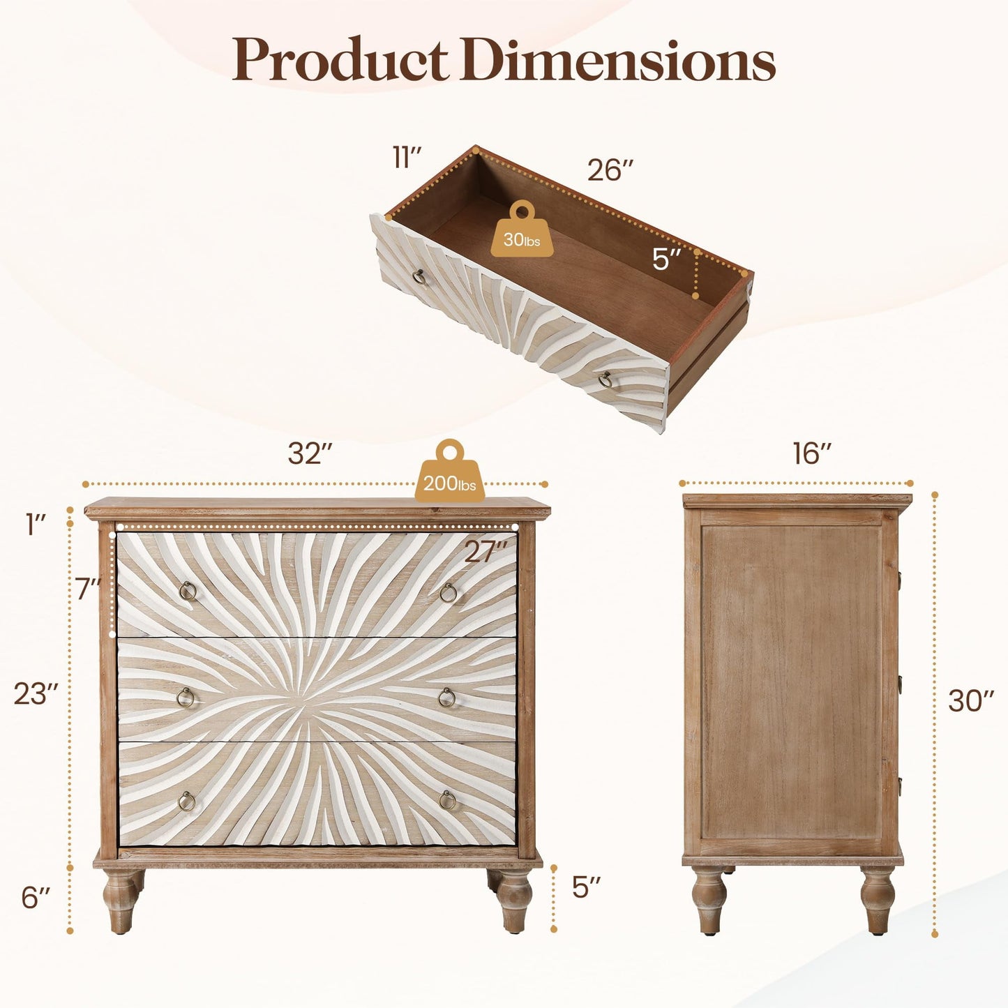 Superjoe 3 Drawer Dresser, 3 Chest of Drawers, Accent Storage Cabinet with Drawers, Wooden Closet Organizer, Bedside Table with Gourd Legs, Nightstand for Bedroom Hallway Living Room, Natural Color