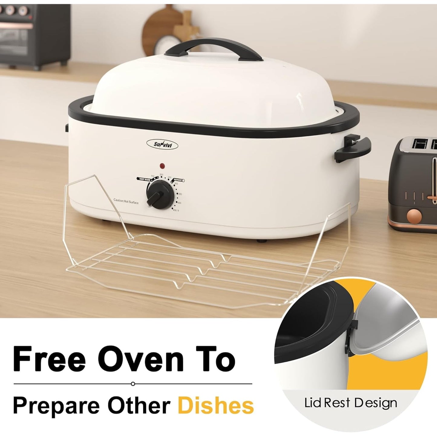 Superjoe 20 Quart Electric Roaster Oven with Self-basting Lid, Turkey Roaster Oven with Removable Pan and Rack, White