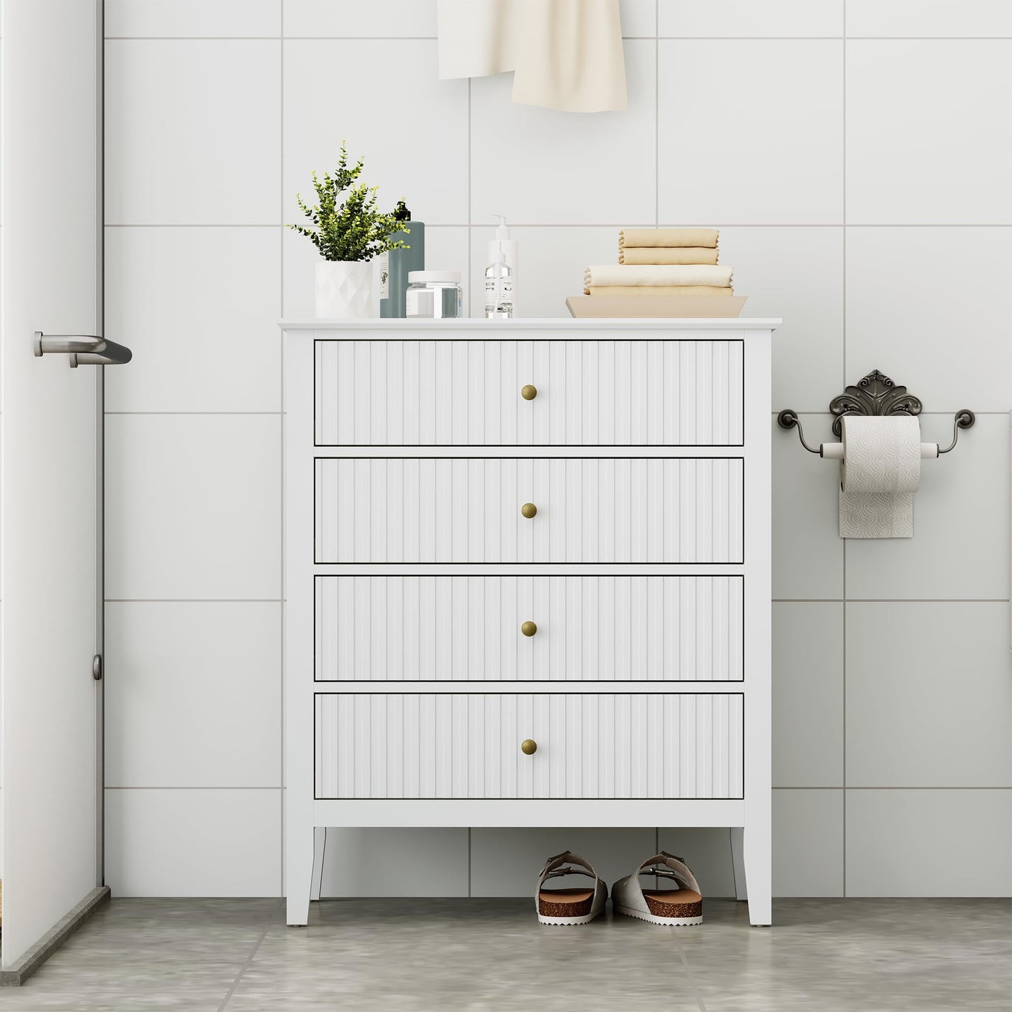 Superjoe White Fluted 4 Drawer Dresser for Bedroom, Modern Chest of Drawers, Wood Dresser for Storage Clothes, Wooden Storage Cabinet Nightstand for Bedroom, Hallway, Living Room, Entryway