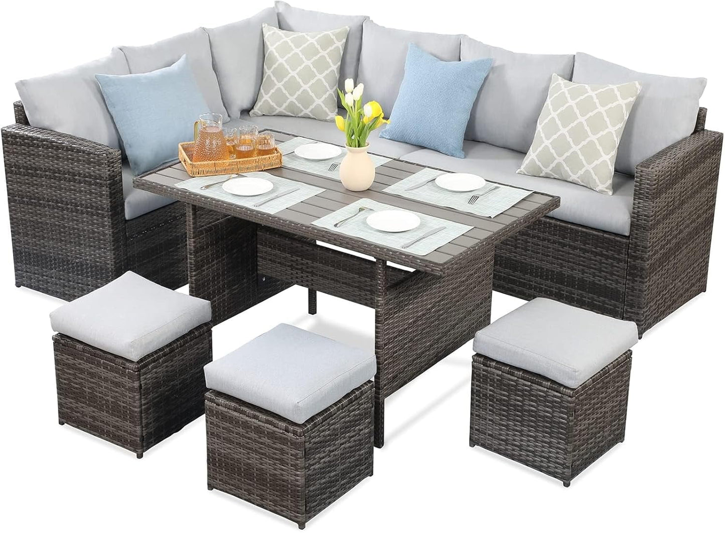 RoyalCarft 7 Pcs Outdoor Conversation Set All Weather Wicker Sectional Sofa Set Dining Table Chair and Ottoman,Steel Frame