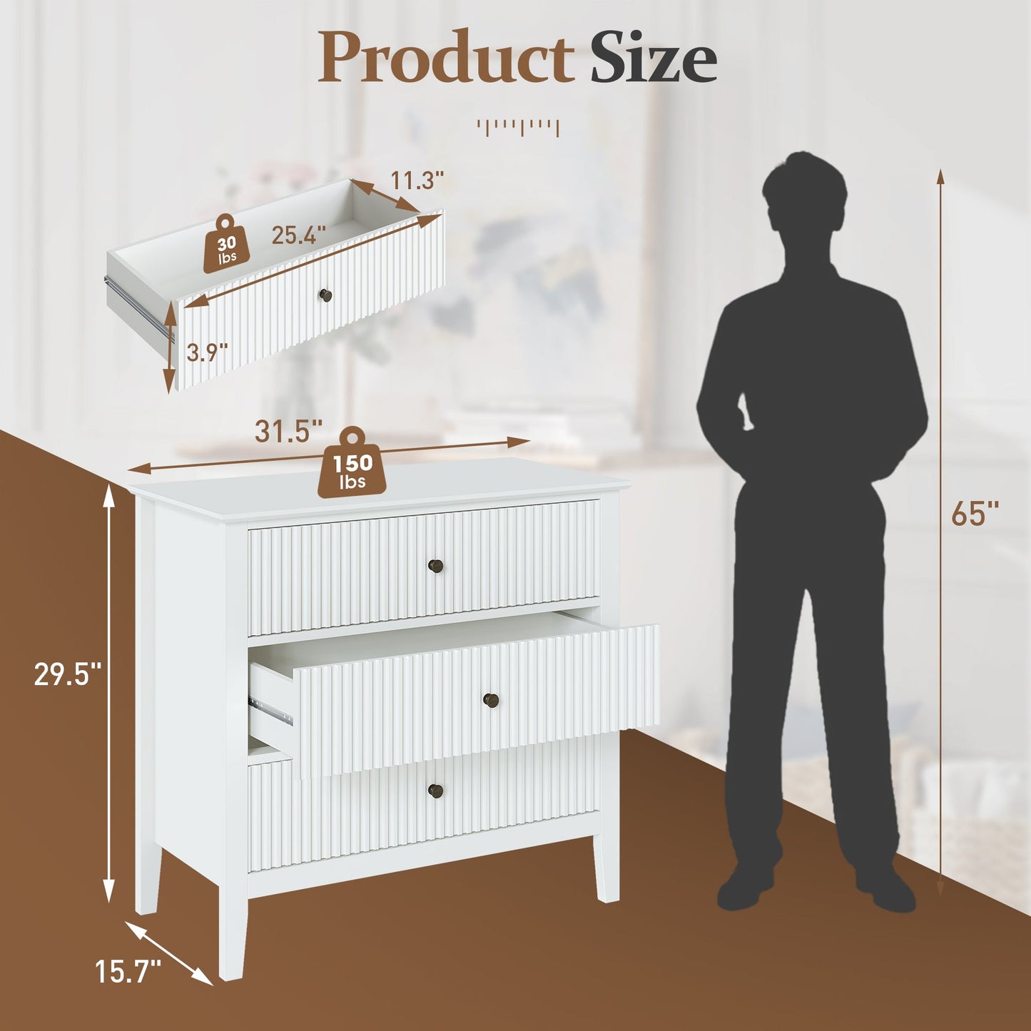 Royalcraft Large Dresser for Bedroom, Modern 3 Drawer Dresser with Silent Slide Drawers, White Chest of Drawers, Wooden Storage Closet Organizer, Small Dresser for Living Room, Nursery, Hallway