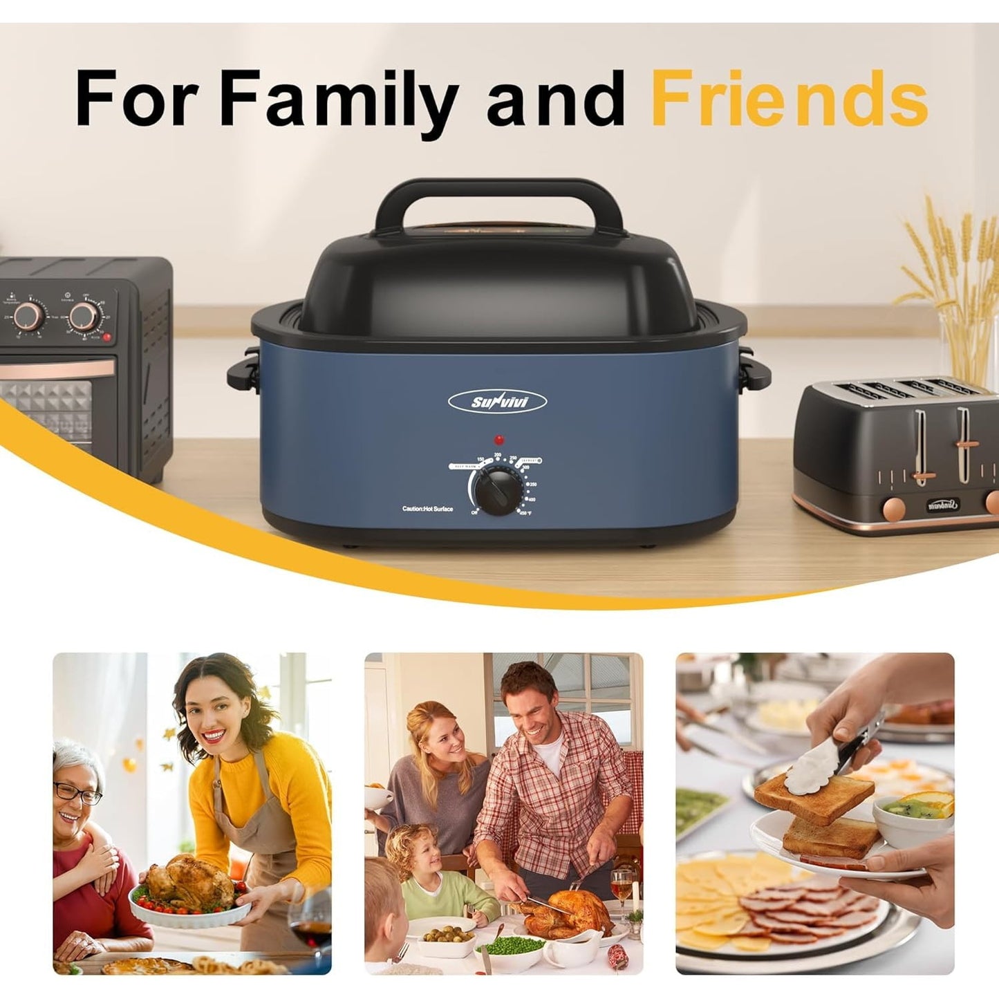 Superjoe 30lb 26-Quart Roaster Oven, Electric Roaster Oven with Viewing Lid, Turkey Roaster with Unique Defrost/Warm Function, Large Roaster with Removable Pan & Rack, Stainless Steel, Blue