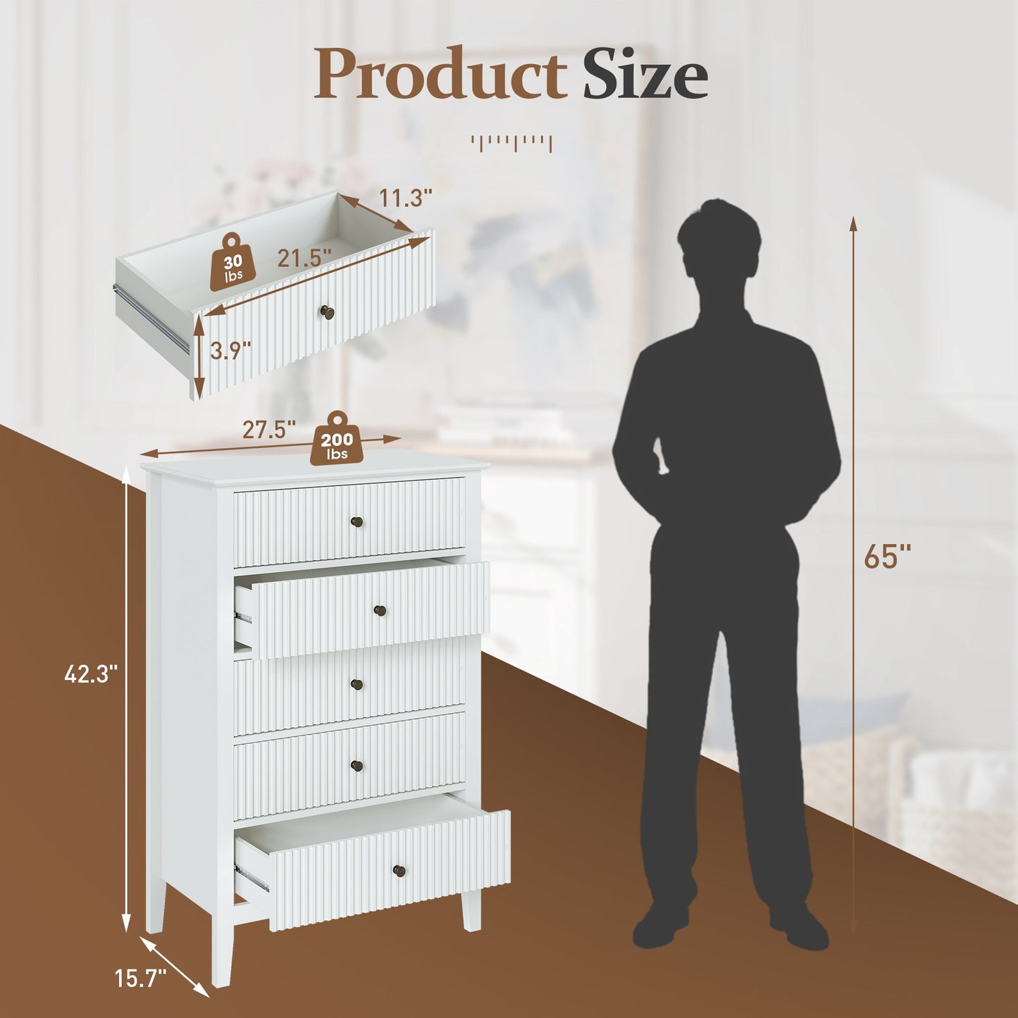 Royalcraft Dresser for Bedroom, Modern 5 Drawers Dresser with Silent Slide Drawers, Tall Chest of Drawers, Wood Storage Cabinet Organizer for Living Room, Nursery, Hallway, Entryway