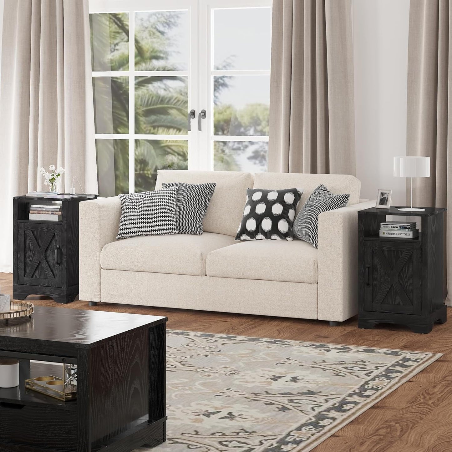 Superjoe Farmhouse Nightstand Set of 2 with Charging Station, Wooden End Table, Rustic Night Stand with Storage Cabinet and Shelf, Tall Bedside Table for Bedroom, Living Room, Black