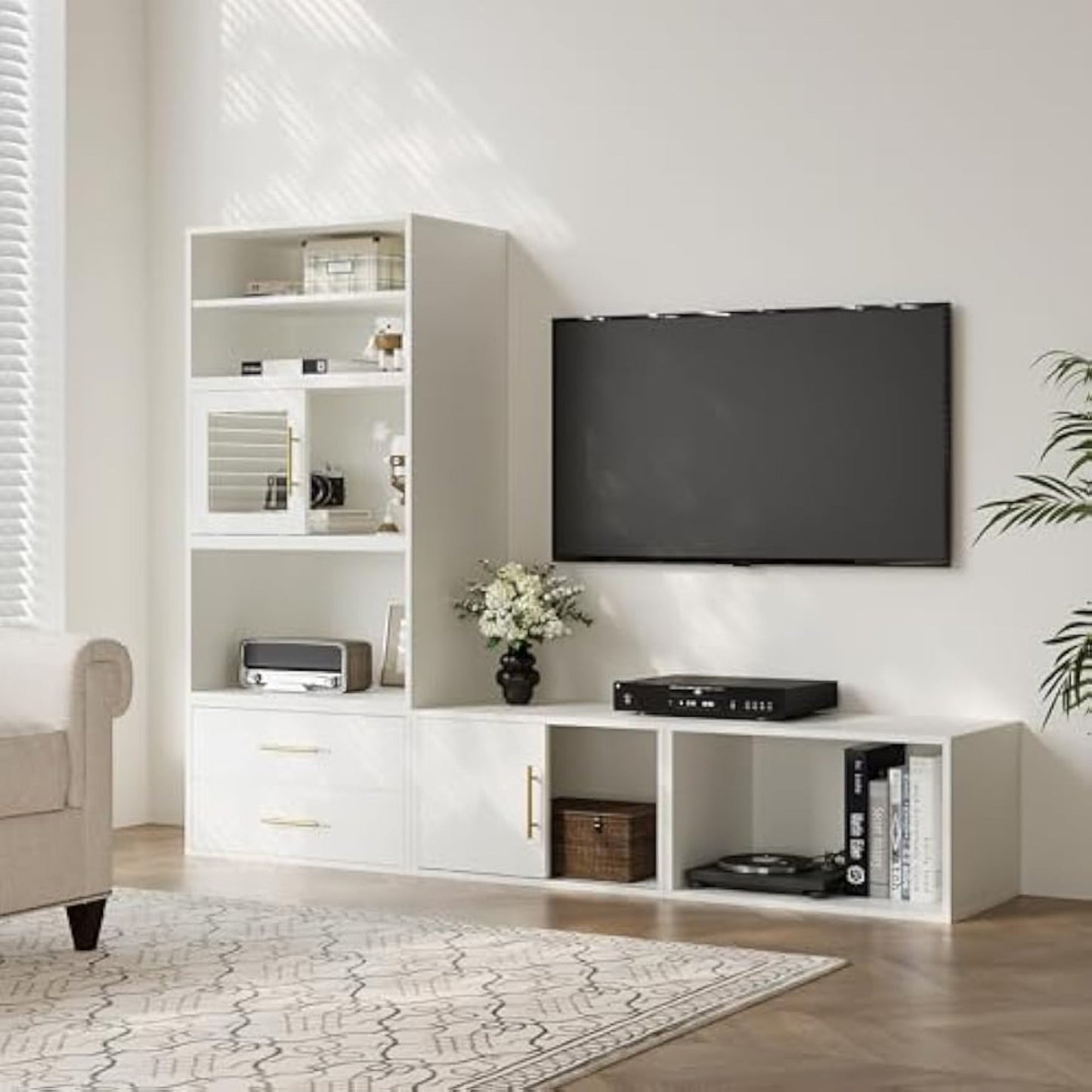 Superjoe 6 Pieces Cube Storage Organizer, Stackable 24" Small Open Bookcase with Drawers, Adjustable Shelf and Sliding Door, White Wood Cubby Storage Shelves for Small Space, Living Room, Bedroom