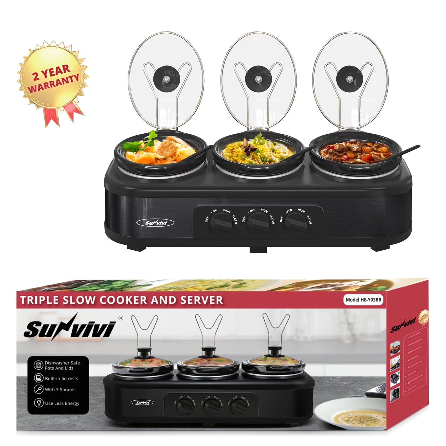 SUNVIVI Dual Pot Slow Cooker, 2 Pot Small Mini Crock Buffet Server and Warmer with Ceramic Pot, Adjustable Temp