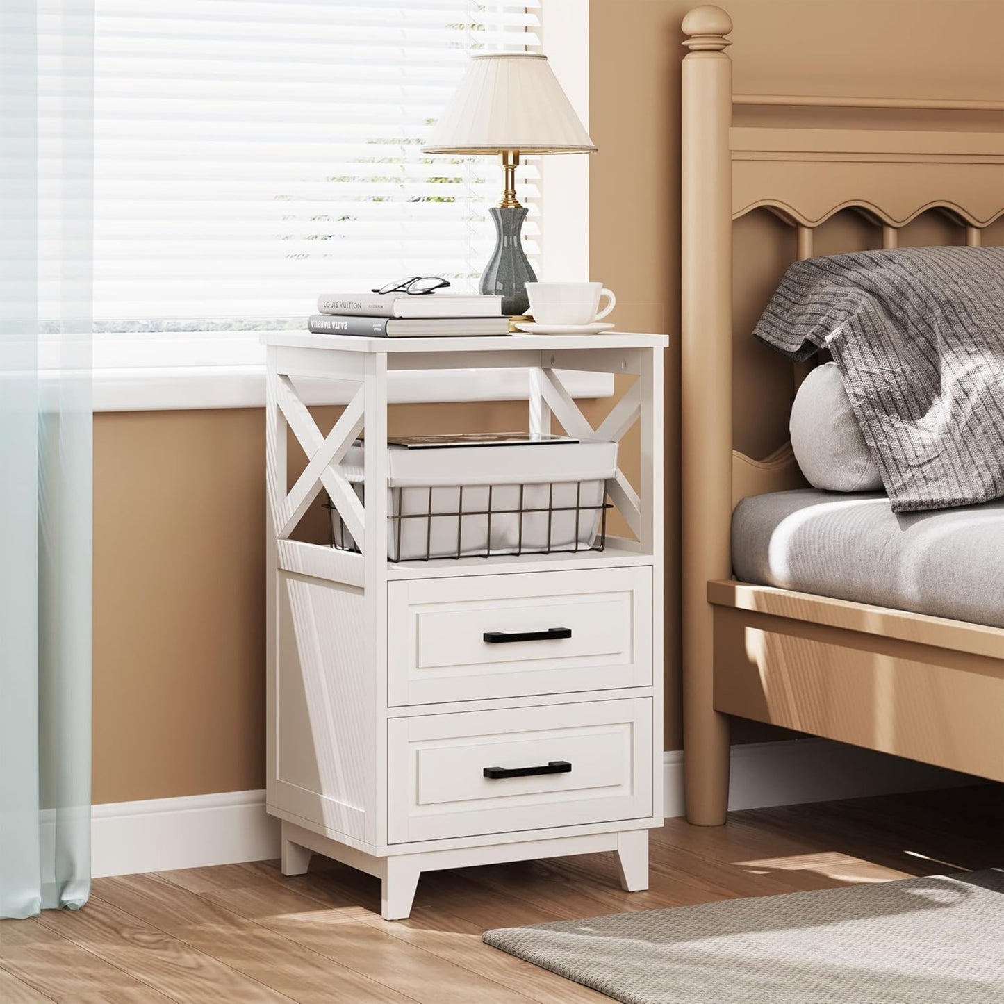 Superjoe Tall Nightstand Set of 1, Side Table with 2 Drawers and Open Shelf Top, Bedside Table with Solid Feet, Modern Night Stand End Table for Bedroom, Living Room, Home Office, White