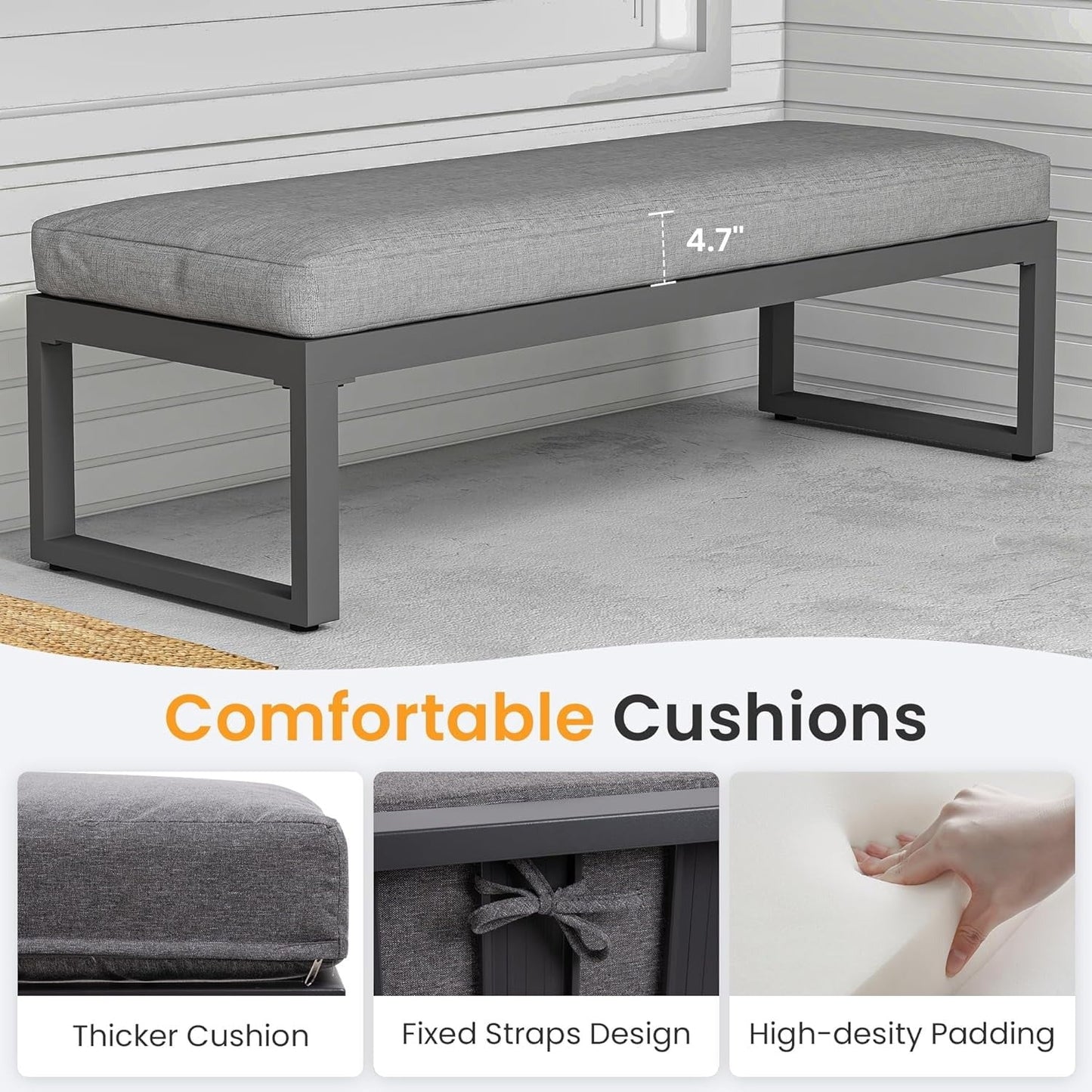 sunvivicollection Aluminum Outdoor Patio Bench, Upholstered Bench with Thick Cushion for Porch Balcony Backyard, Grey