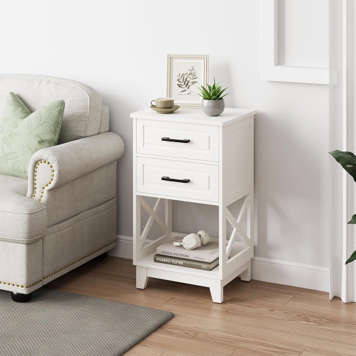 Superjoe Tall Nightstand Set of 1, Side Table with 2 Drawers and Open Shelf Below, Bedside Table with Solid Feet, Modern Night Stand End Table for Bedroom, Living Room, Home Office, White