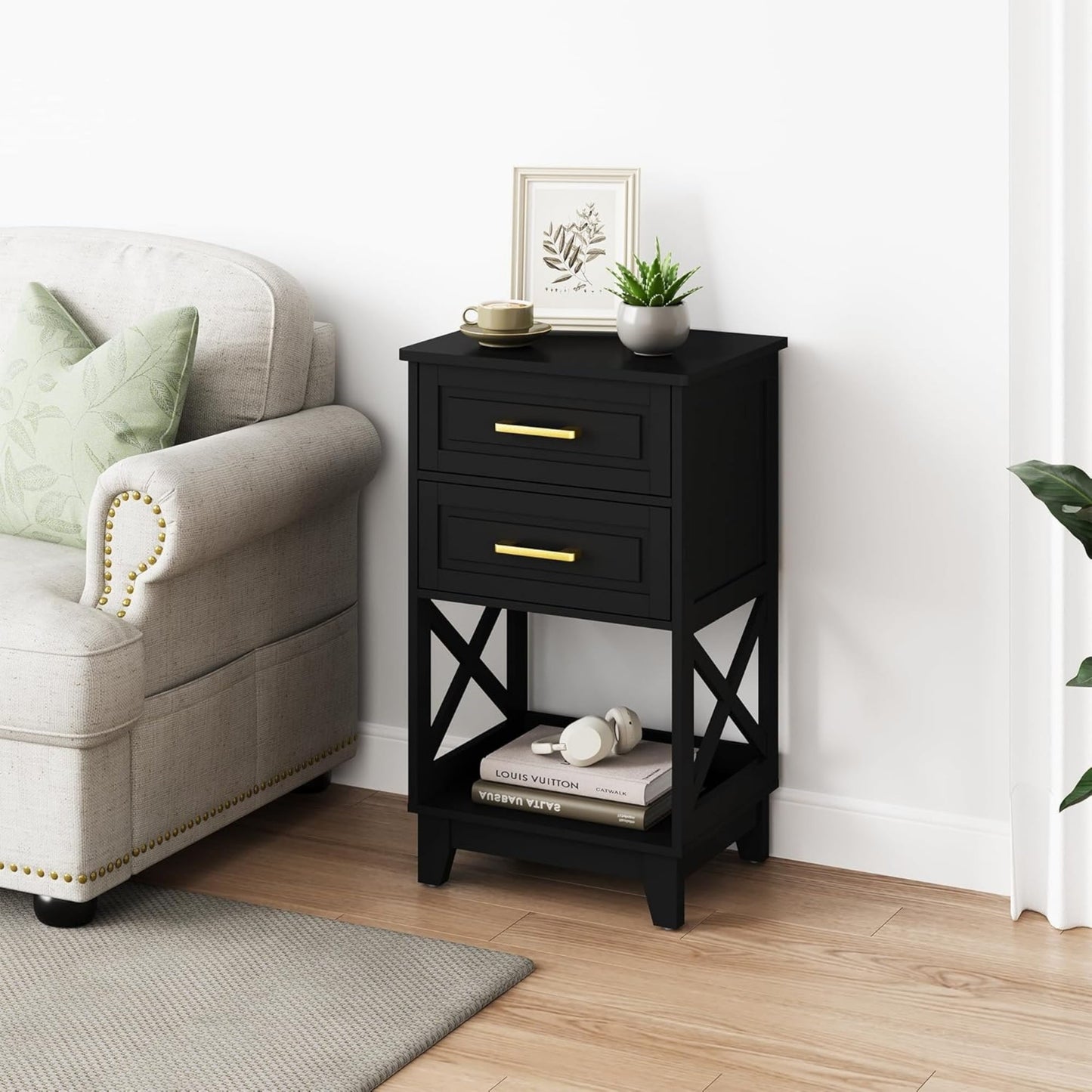 Superjoe Tall Nightstand Set of 2, Side Table with 2 Drawers and Open Shelf Below, Bedside Table with Solid Feet, Modern Night Stand End Table for Bedroom, Living Room, Home Office, Black