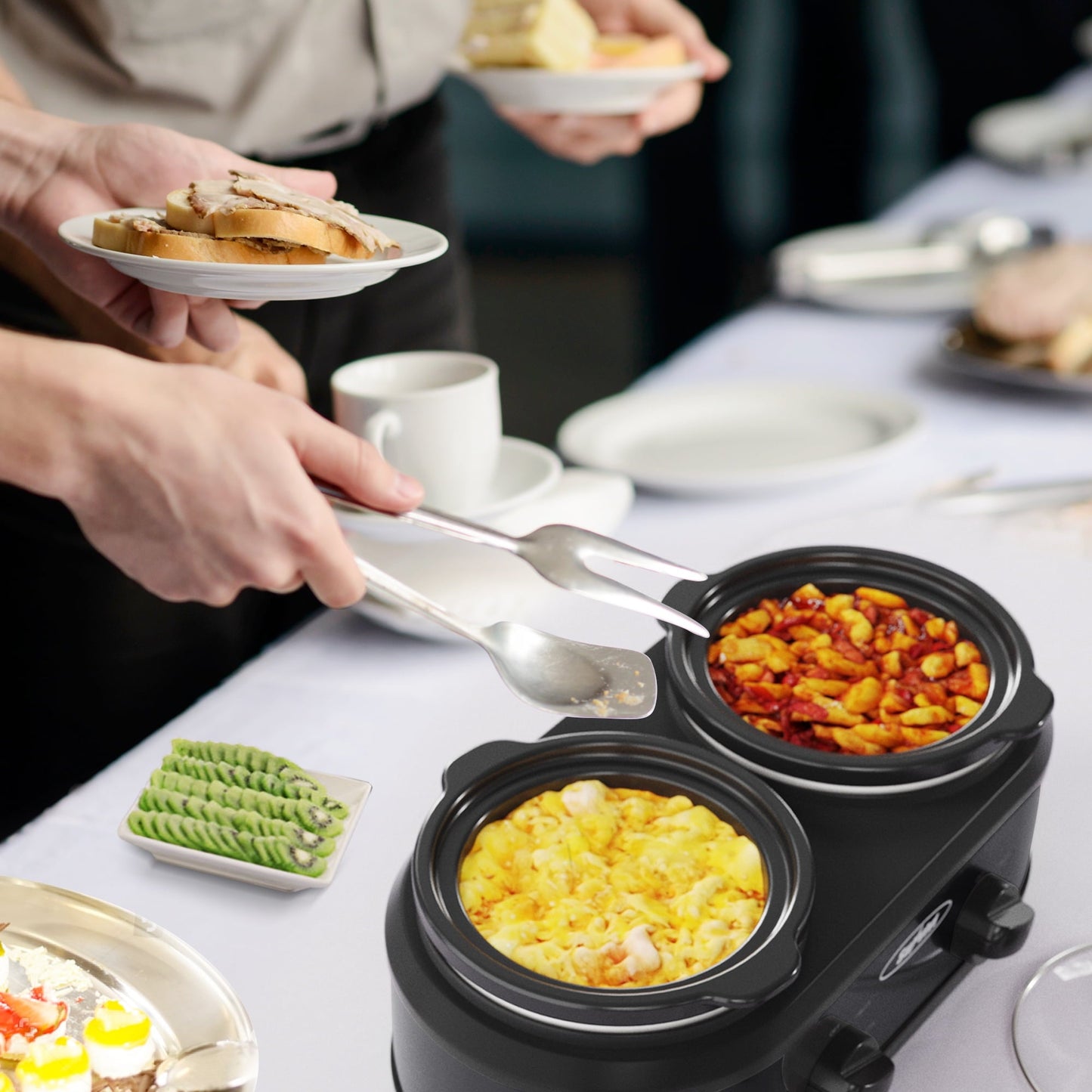 SUNVIVI Dual Pot Slow Cooker, 2 Pot Small Mini Crock Buffet Server and Warmer with Ceramic Pot, Adjustable Temp