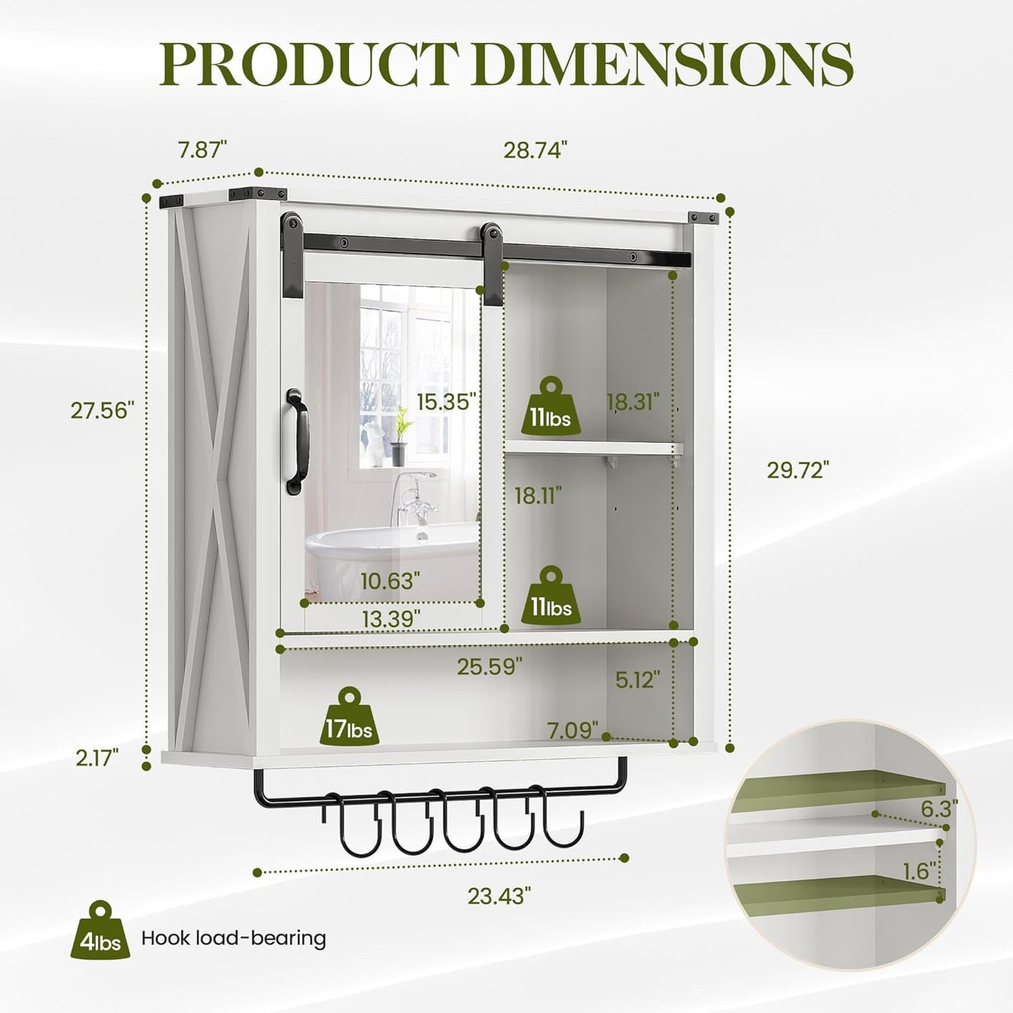 Superjoe 28in Bathroom Cabinet Wall Mount with Sliding Mirror Door, Over The Toilet Storage Cabinet, Farmhouse Medicine Cabinet with Shelves and Towel Bar for Living Room, 28" W x 29" H, White