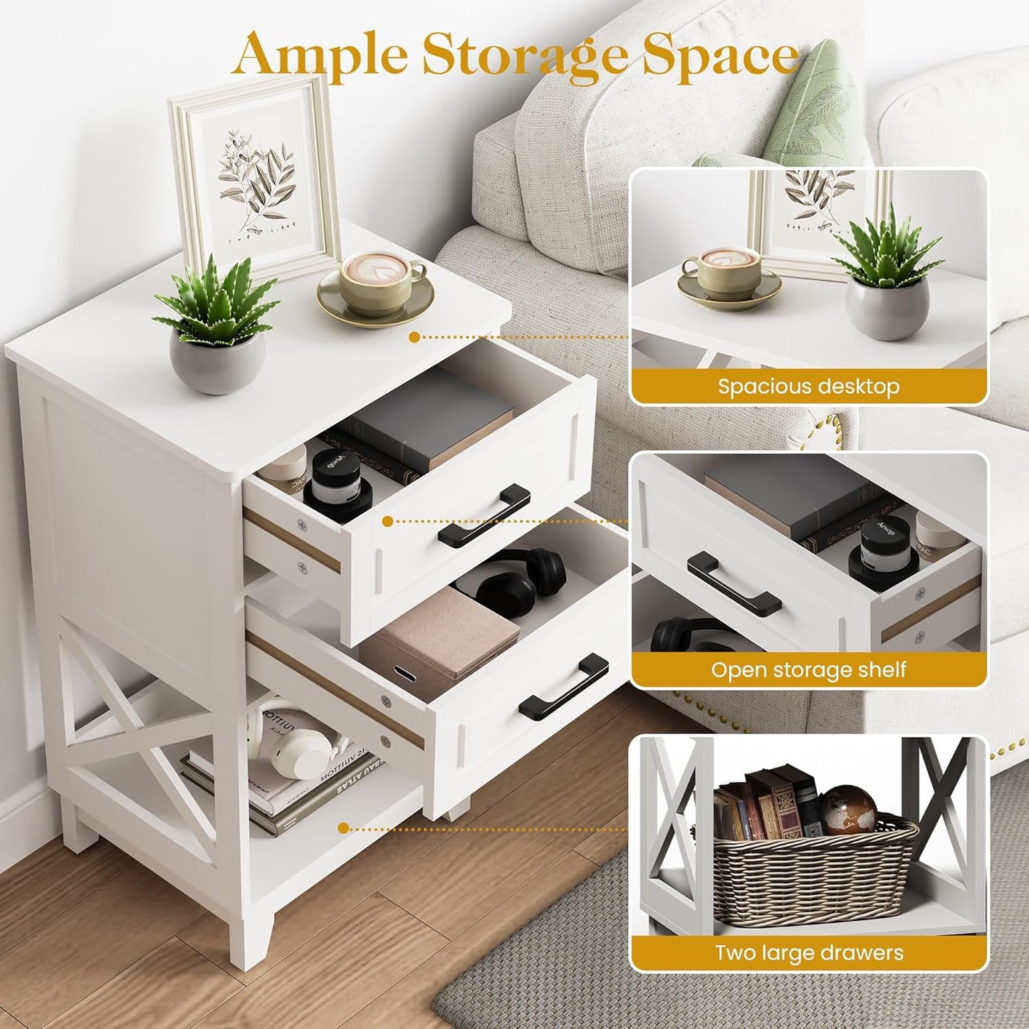 Superjoe Tall Nightstand Set of 1, Side Table with 2 Drawers and Open Shelf Below, Bedside Table with Solid Feet, Modern Night Stand End Table for Bedroom, Living Room, Home Office, White