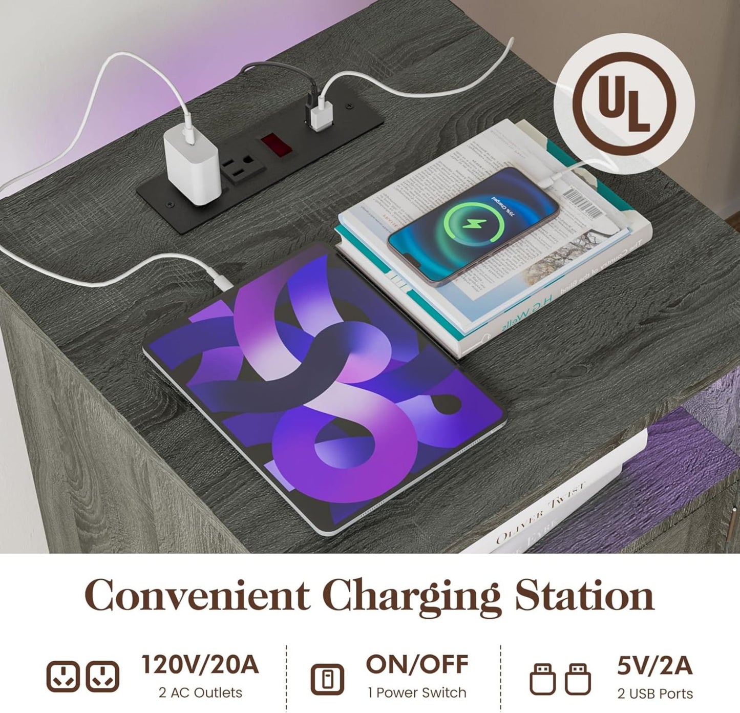 Superjoe LED Nightstand Set of 1 with Charging Station, Bedside Table with Storage Cabinet and Shelf, Rustic End Table, Farmhouse Wooden Side Table, for Bedroom, Living Room, Grey