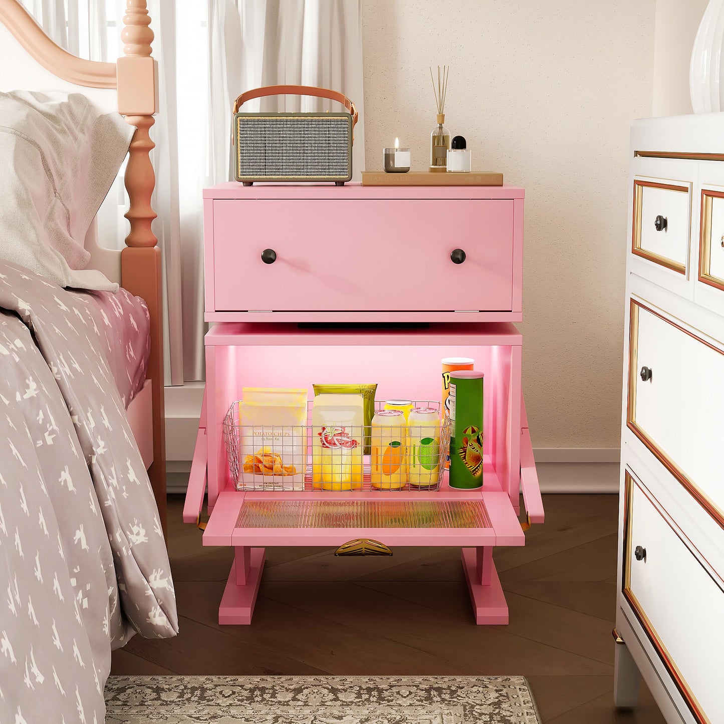 RoyalCraft White Nightstand with LED Light Strips, Modern End Table with 360¡ã Rotating Drawer, Bedside Table with Glass Door Storage, Wood Night Stand Cabinet for Living Room, Bedroom, Nursery