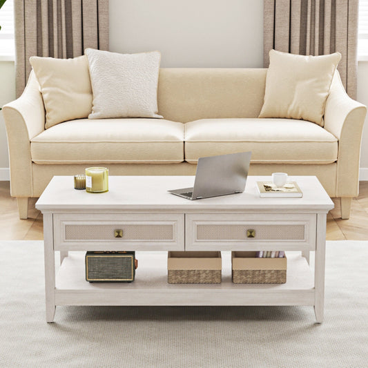 Royalcraft Farmhouse Coffee Table, Boho Tea Table with 2 Rattan Decor Drawers, Accent Center Sofa Table with Storage Shelf, 2 Tier Coffee Table for Bedroom, Living Room, Home Office, Grayish White