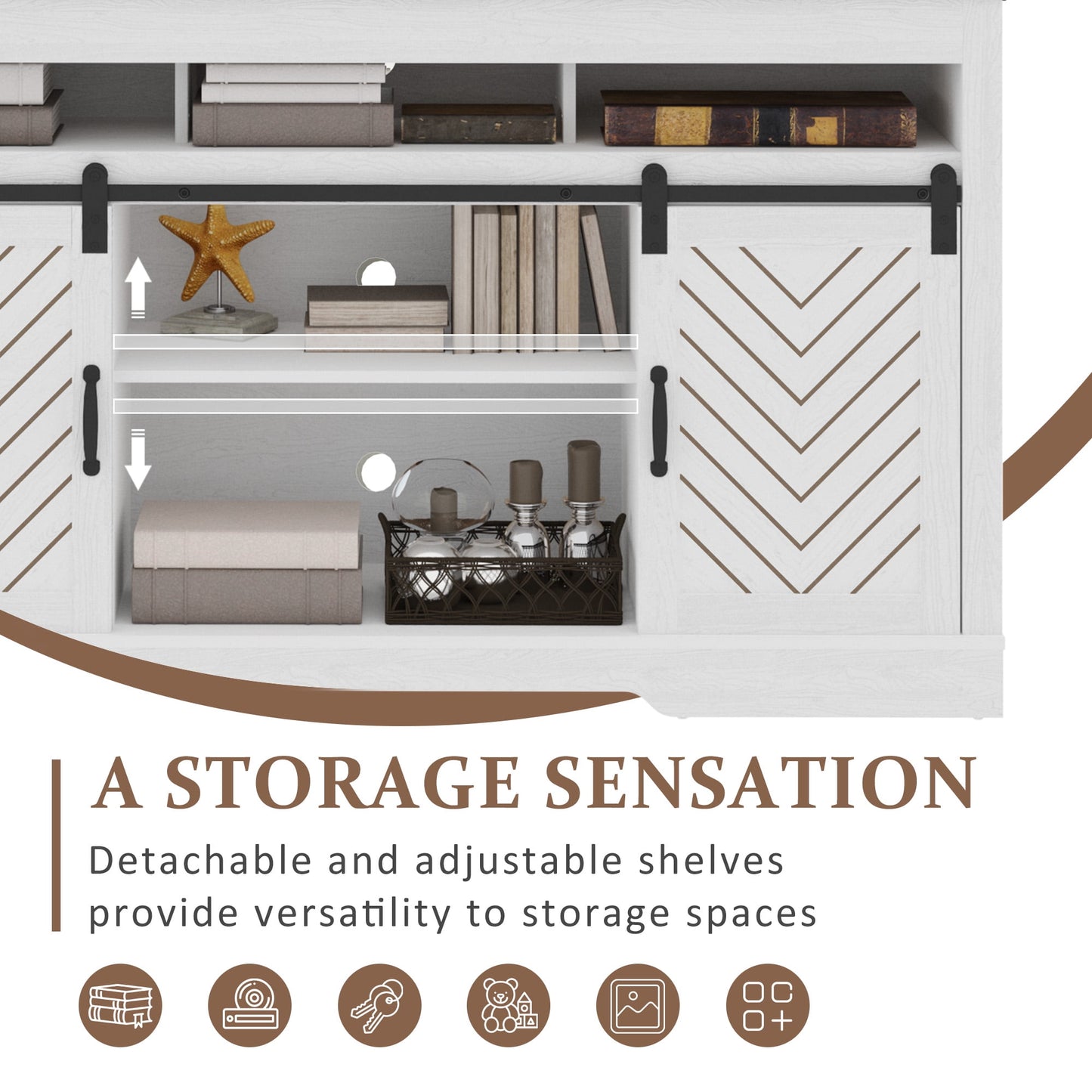 Superjoe TV Stand for TVs up to 70", 34" Tall Entertainment Center w/Sliding Doors, Modern Wood Media Console Storage Cabinet for Living Room Bedroom, Wood-Tone and White