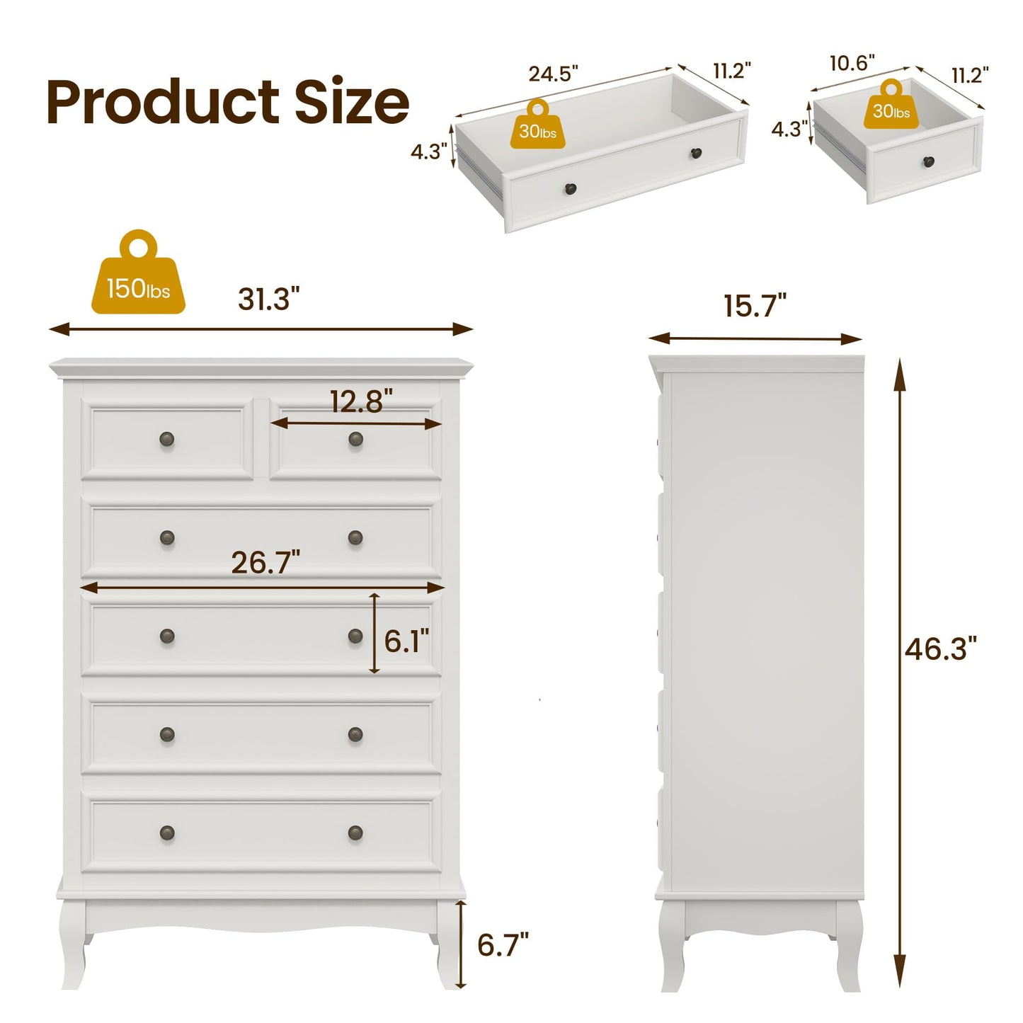 Superjoe White 6 Drawer Dresser, Rustic Tall Chest of Drawers, Modern Wood Dresser, Wooden Storage Closet Cabinet, Clothing Storage Organizer for Living Room, Bedroom, Hallway, Entryway