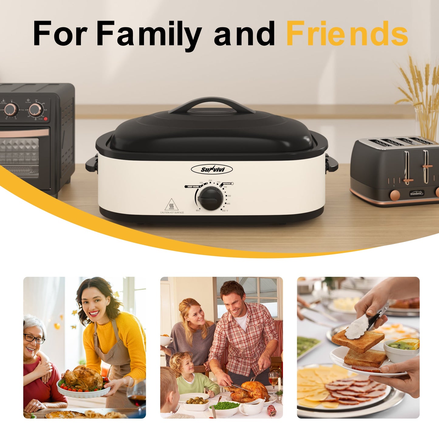 Sunvivi Roaster Oven, 14 Quart Electric Roaster with Self-Basting Lid, Turkey Roaster Oven with Removable Pan and Rack, Stainless Steel