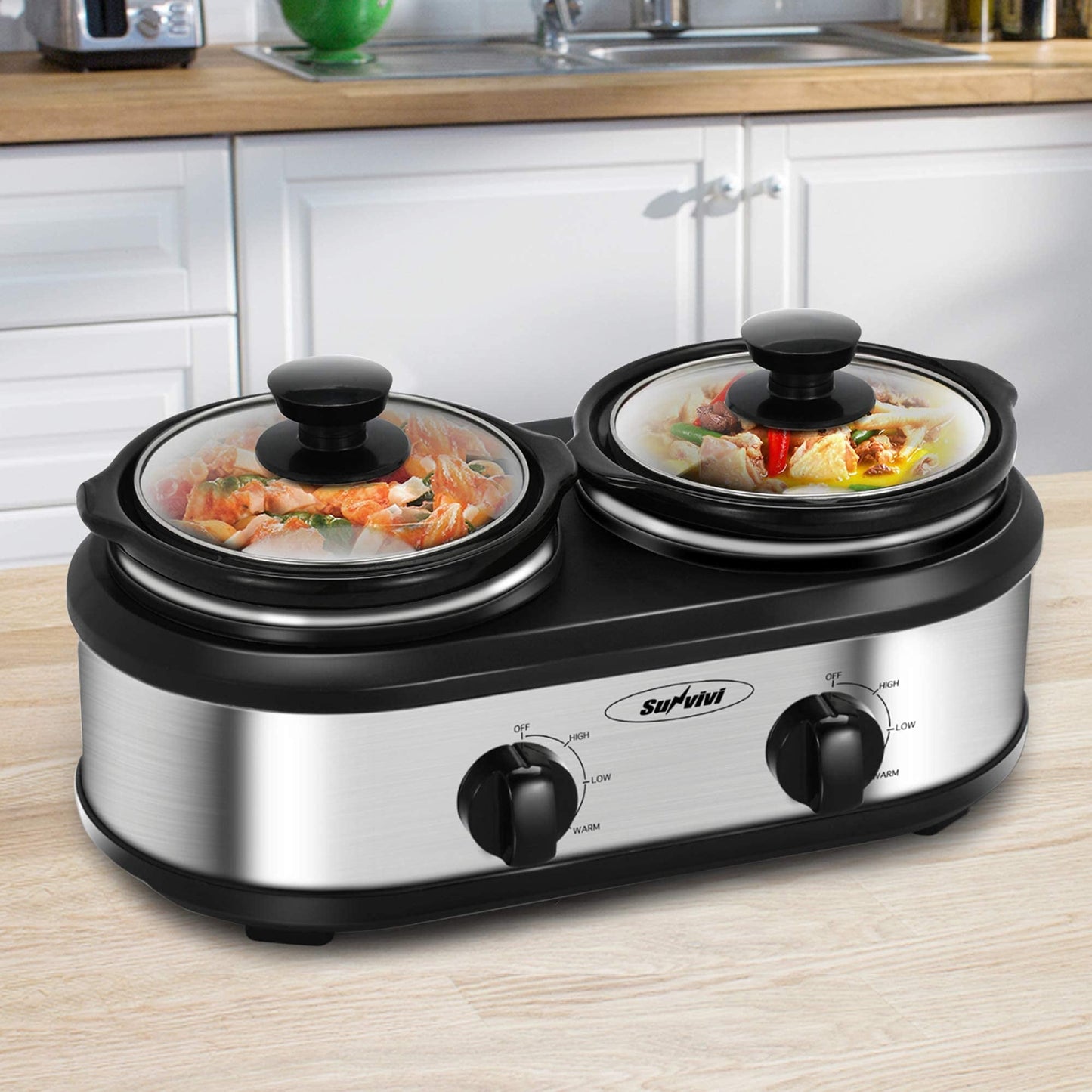 SUNVIVI Dual Pot Slow Cooker, 2 Pot Small Mini Crock Buffet Server and Warmer with Ceramic Pot, Adjustable Temp