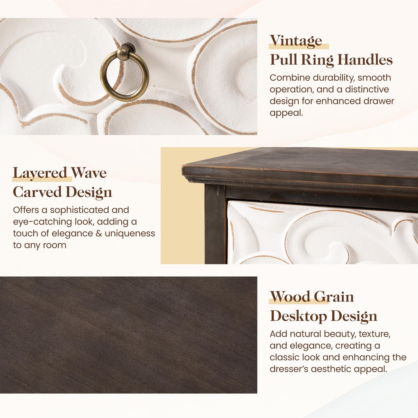 Superjoe 3 Drawer Dresser, 3 Chest of Drawers, Accent Storage Cabinet with Drawers, Wooden Closet Organizer, Bedside Table with Gourd Legs, Farmhouse Nightstand for Bedroom Hallway Living Room, Grey