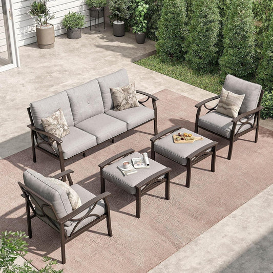 Outdoor Patio Furniture Set, 5 Piece Patio Conversation Set with Ottomans, Metal Furniture Set for Porch Backyard Garden, Grey