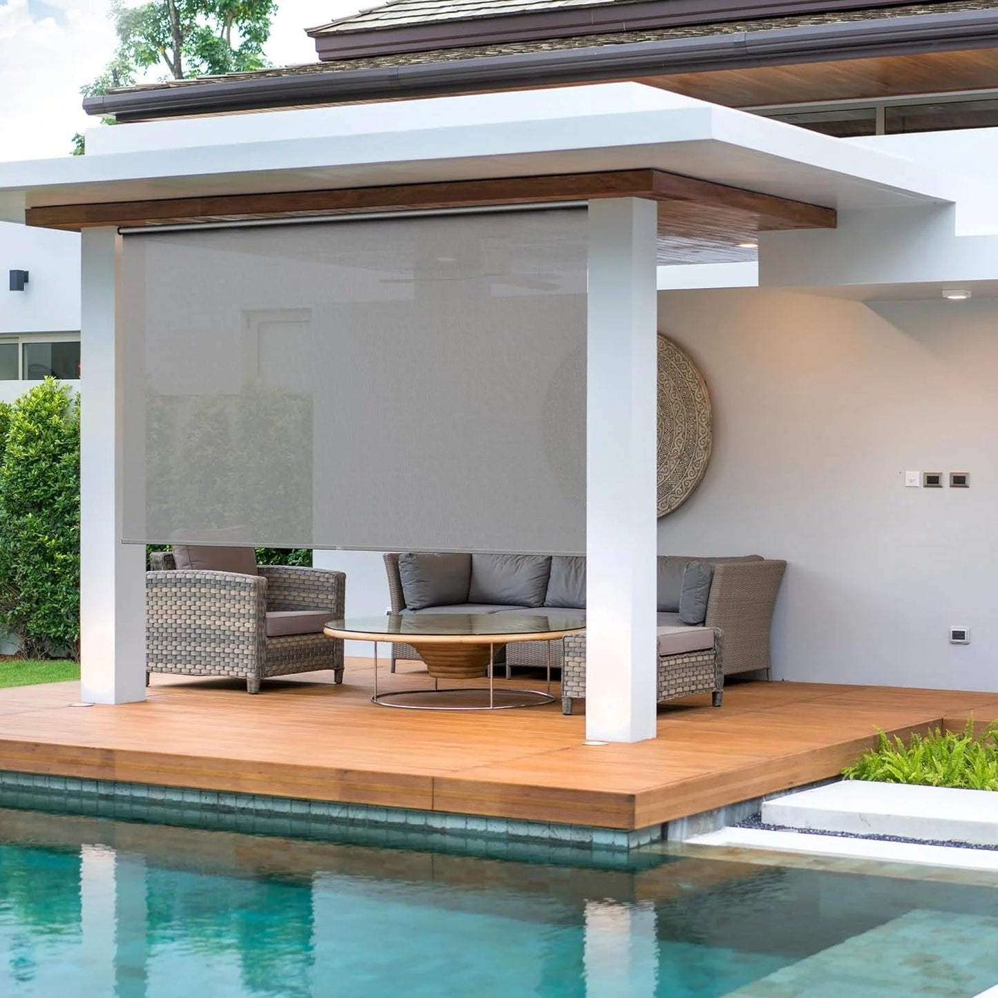 sunvivicollection Cordless Outdoor Roller Sun Shade with Pole£¬8'Wx8'H 420GSM 95% Blockout Waterproof Outdoor Blinds Roll Up for Gazebo Porch, Deck, Pergola,Grey