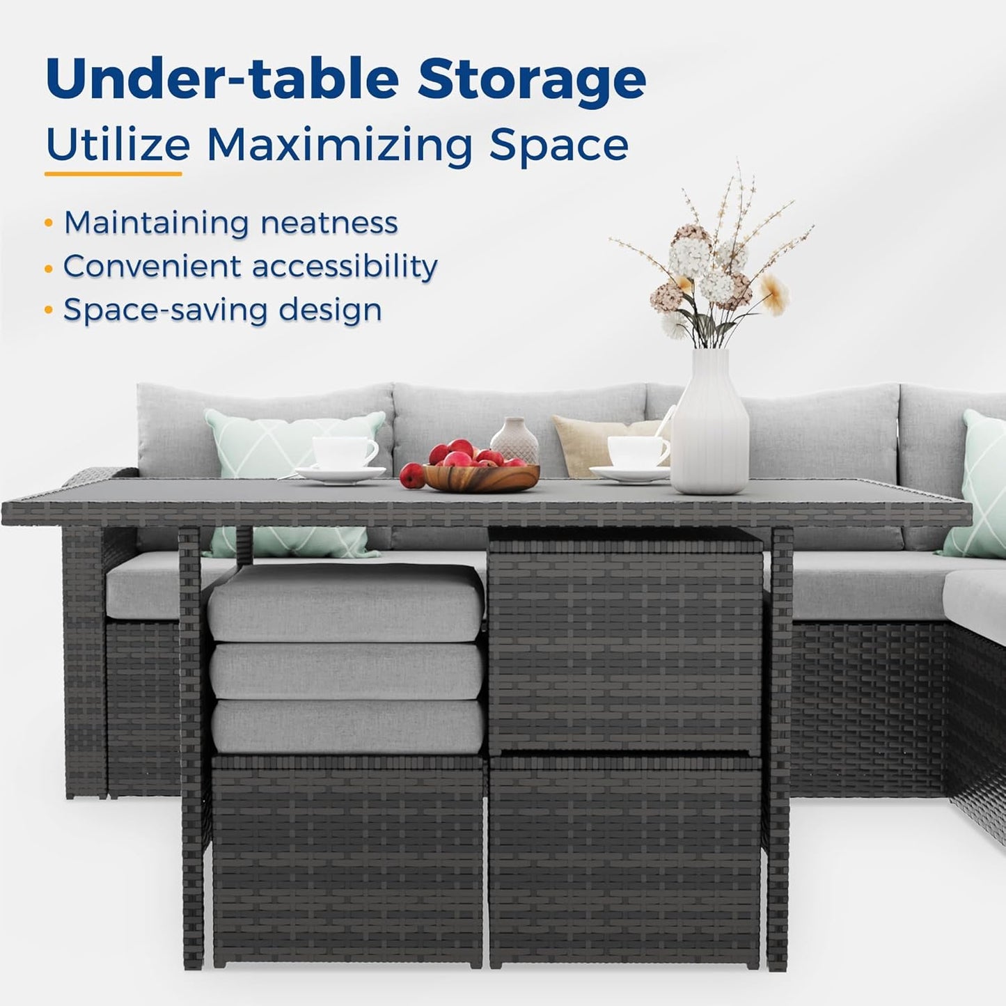 RoyalCarft 7 Pcs Outdoor Conversation Set All Weather Wicker Sectional Sofa Set Dining Table Chair and Ottoman,Steel Frame