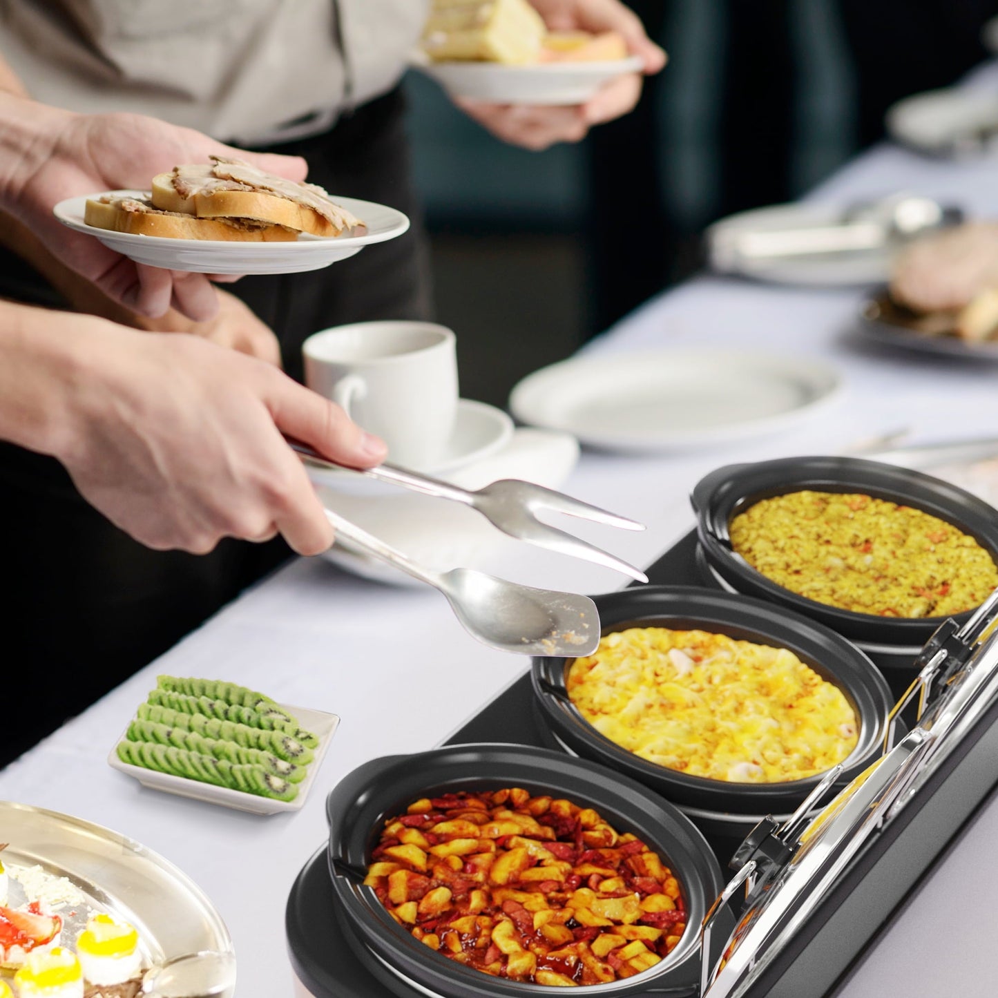 SUNVIVI Dual Pot Slow Cooker, 2 Pot Small Mini Crock Buffet Server and Warmer with Ceramic Pot, Adjustable Temp