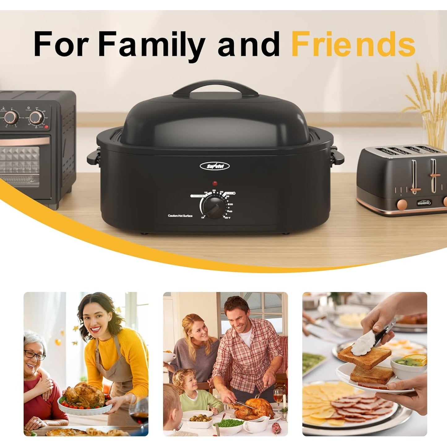 Superjoe Oven with Self-Basting Lid,20 Quart Electric Roaster with Removable Pan & Rack,150-450°F Full-Range Temperature Control with Defrost/Warm Function,Stainless Steel,Black