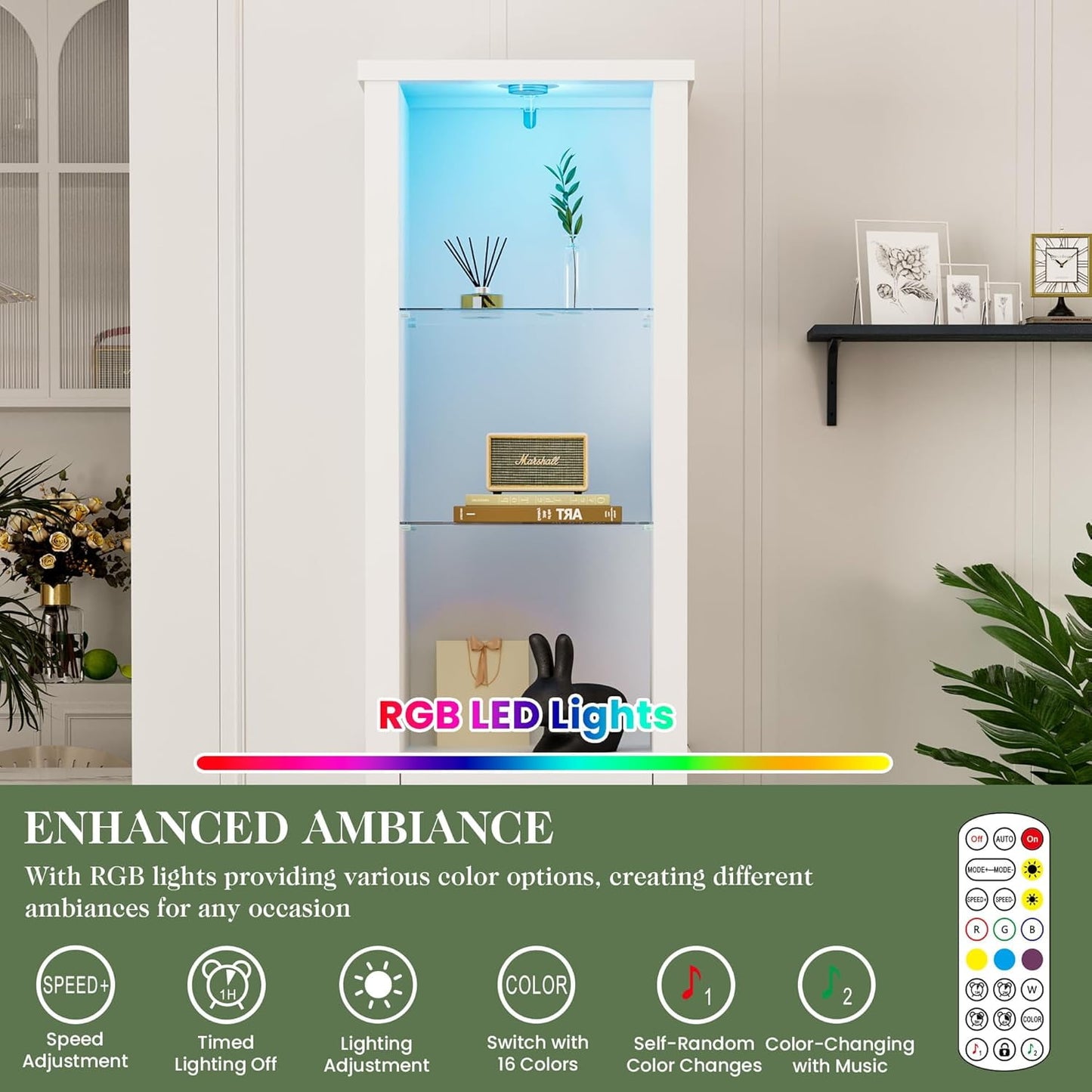 Superjoe 75'' Tall Storage Cabinet with LED Light, Farmhouse Pantry Cabinet with Tempered Glass Adjustable Shelves & Barn Door, Freestanding Linen Tower for Bathroom, Living Room, Kitchen, White