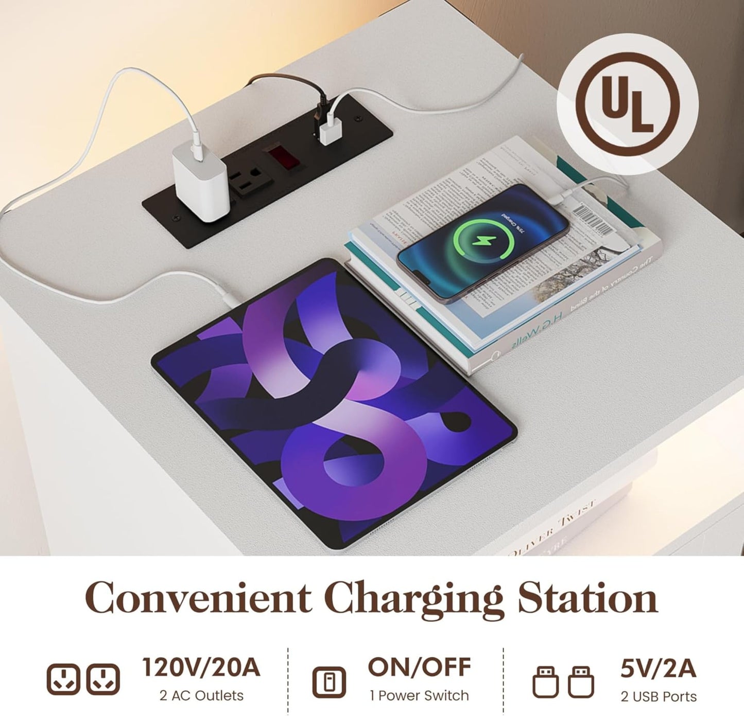 Superjoe LED Nightstand Set of 1 with Charging Station, Bedside Table with Storage Cabinet and Shelf, Rustic End Table, Farmhouse Wooden Side Table, for Bedroom, Living Room, White