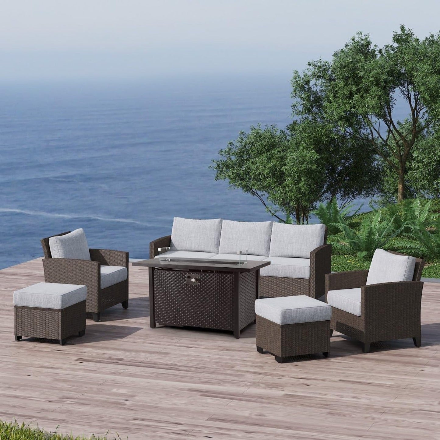 Outdoor Patio Furniture Set, 6 Piece Outdoor Rattan Sofa Set, All Weather Wicker Conversation Set with Fire Pit Table, Ottomans for Porch Backyard Garden