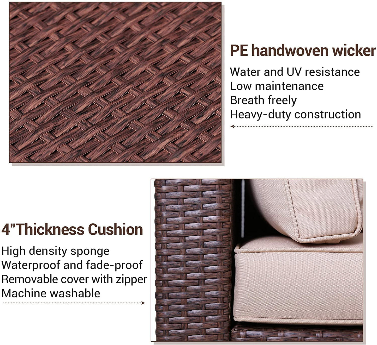 Sunvivi Patio Furniture Set with Cushions, PE Wicker Outdoor Conversation Sofa Patio Sectional Coffee Table for Garden, Beach, Balcony and Poolside, Aluminum Frame