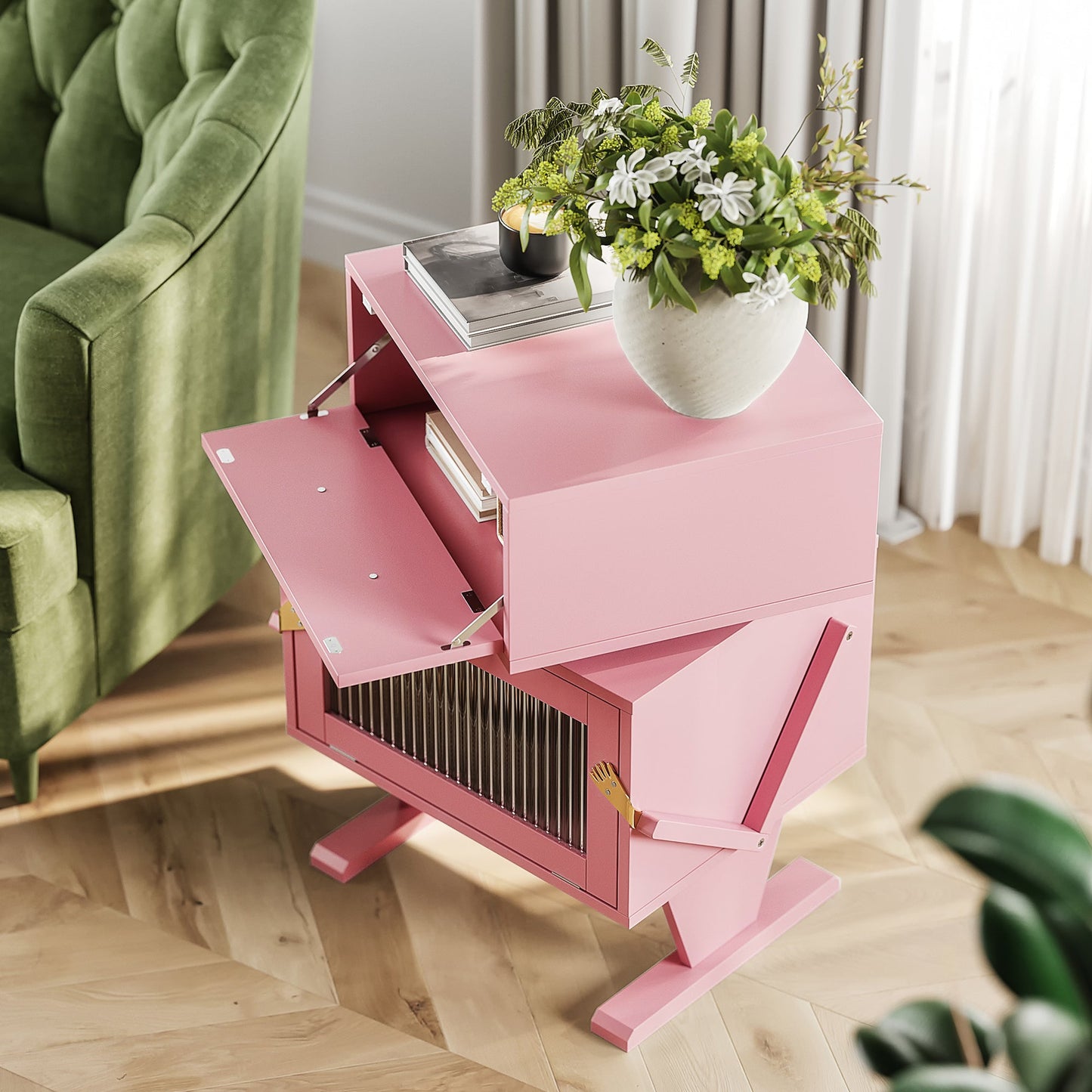 RoyalCraft White Nightstand with LED Light Strips, Modern End Table with 360¡ã Rotating Drawer, Bedside Table with Glass Door Storage, Wood Night Stand Cabinet for Living Room, Bedroom, Nursery