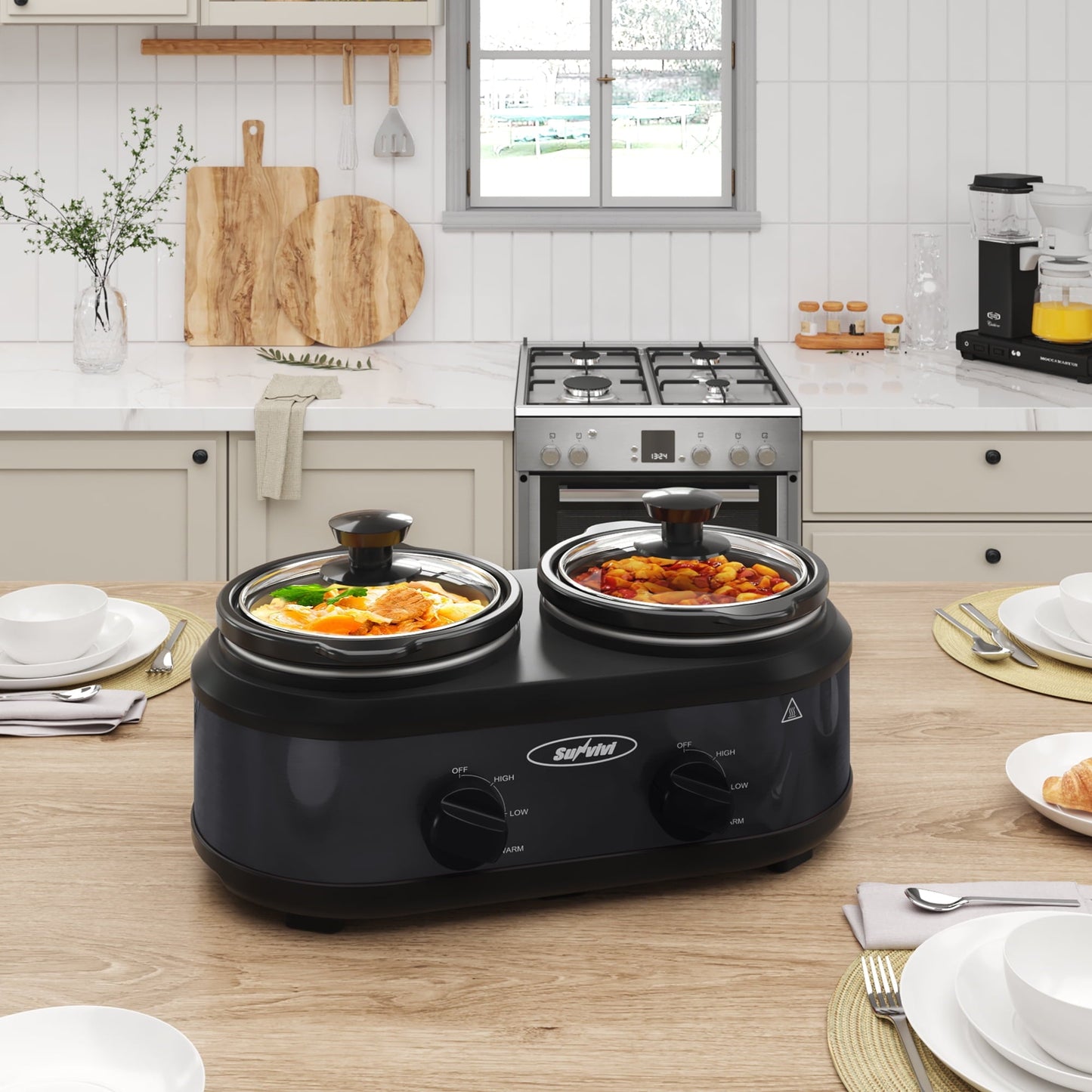 SUNVIVI Dual Pot Slow Cooker, 2 Pot Small Mini Crock Buffet Server and Warmer with Ceramic Pot, Adjustable Temp